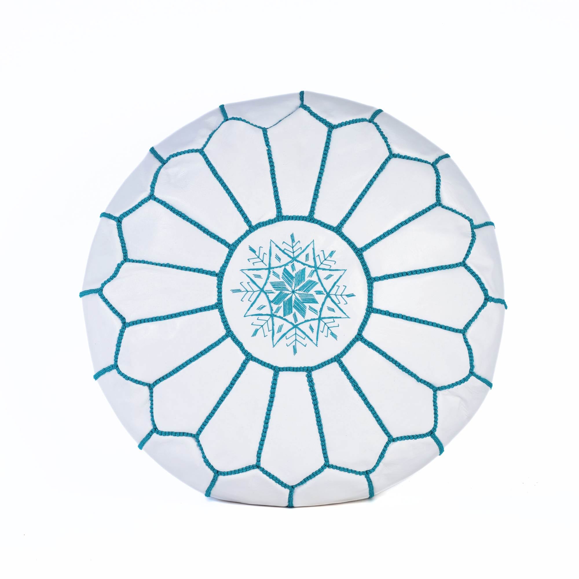 Blue Sky Hand-Stitched Genuine Leather Ottoman Pouf with Embroidery