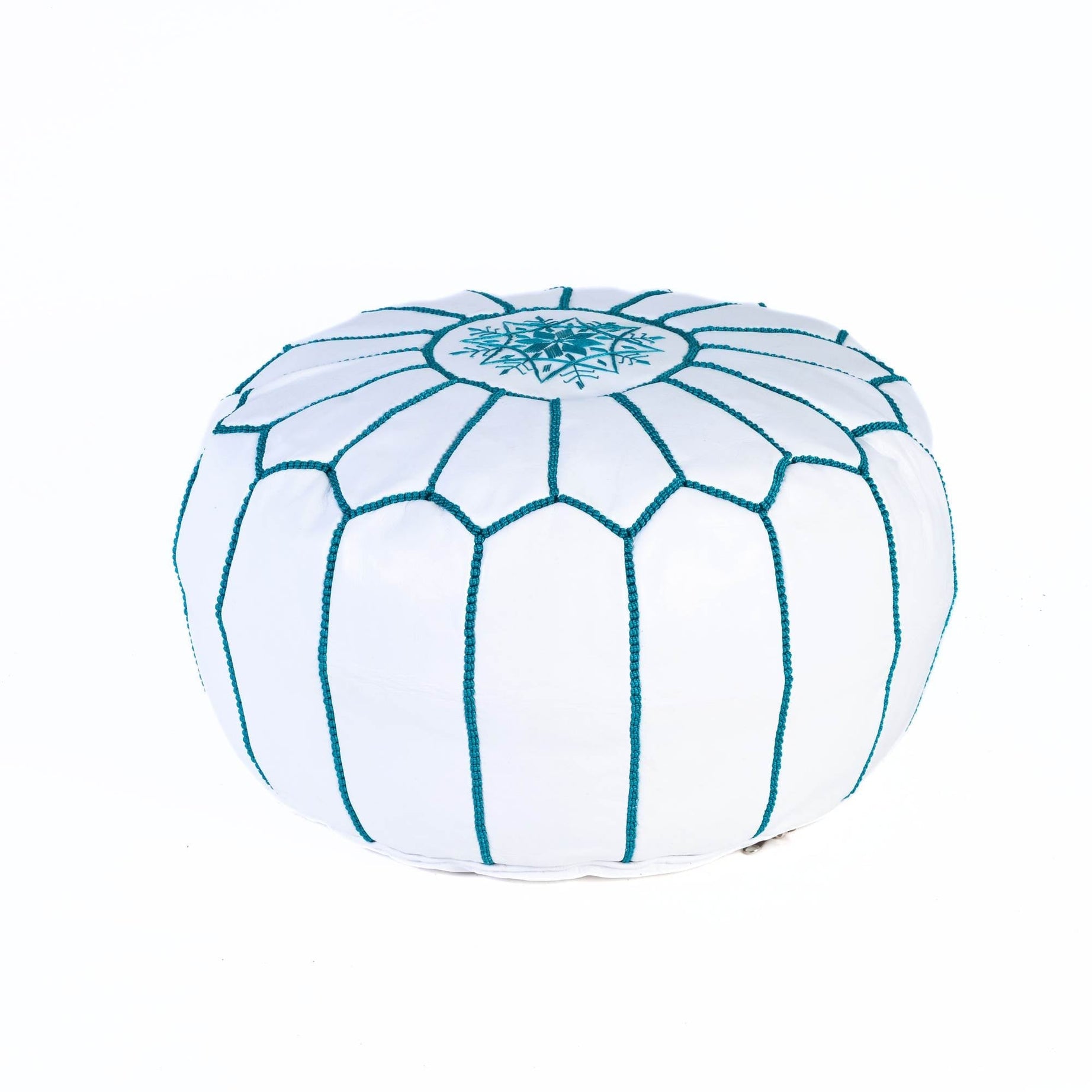 Blue Sky Hand-Stitched Genuine Leather Ottoman Pouf with Embroidery