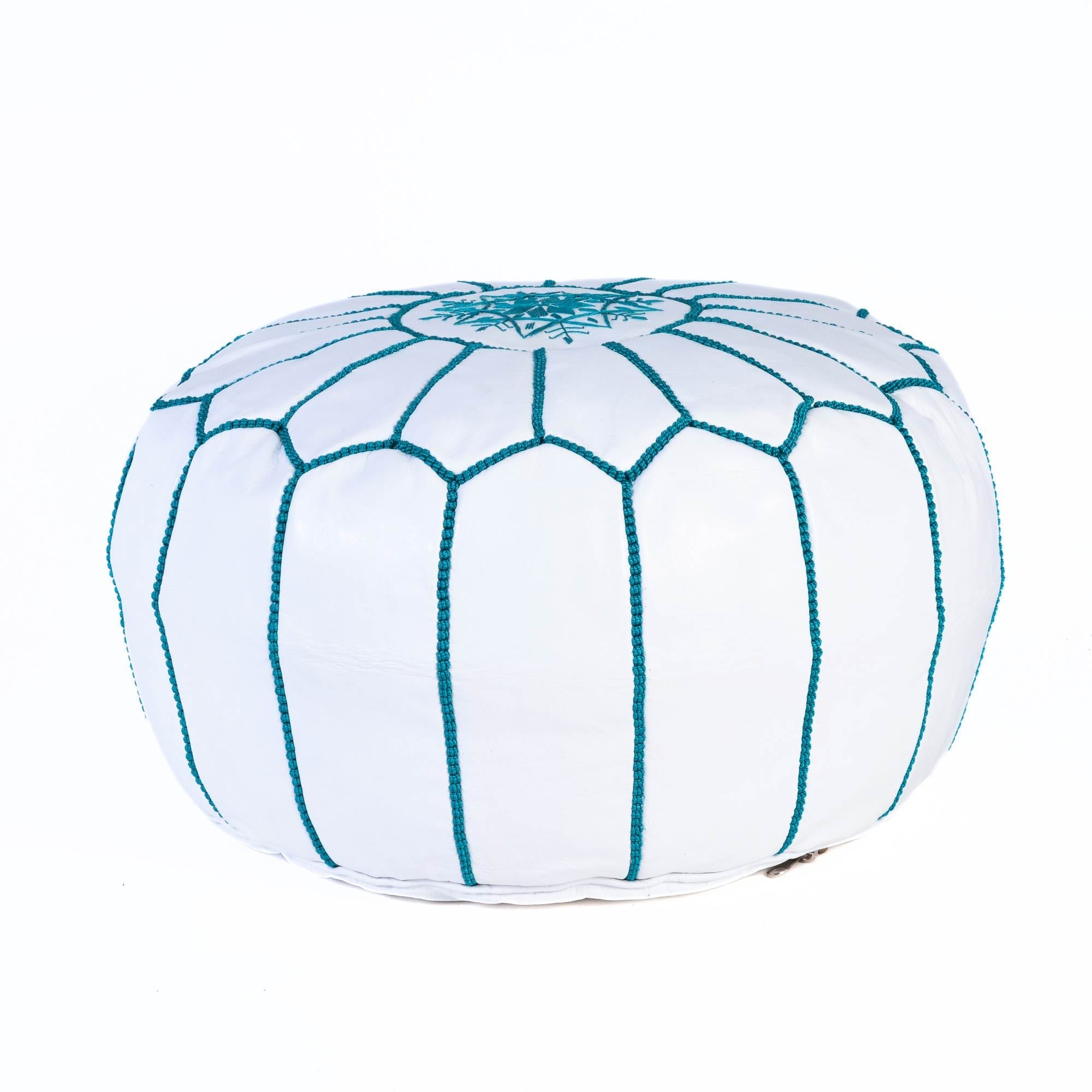 Blue Sky Hand-Stitched Genuine Leather Ottoman Pouf with Embroidery