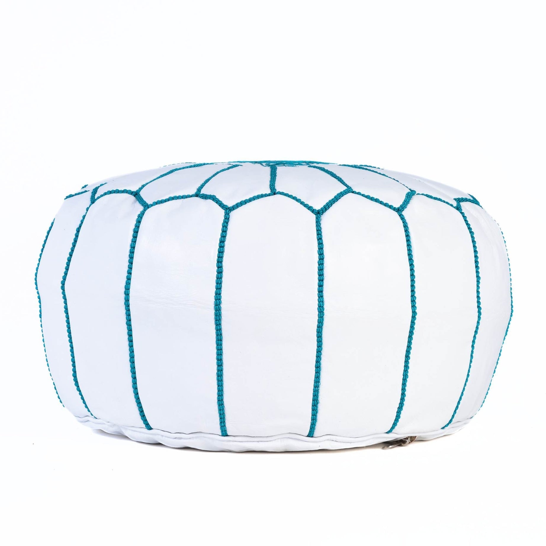 Blue Sky Hand-Stitched Genuine Leather Ottoman Pouf with Embroidery
