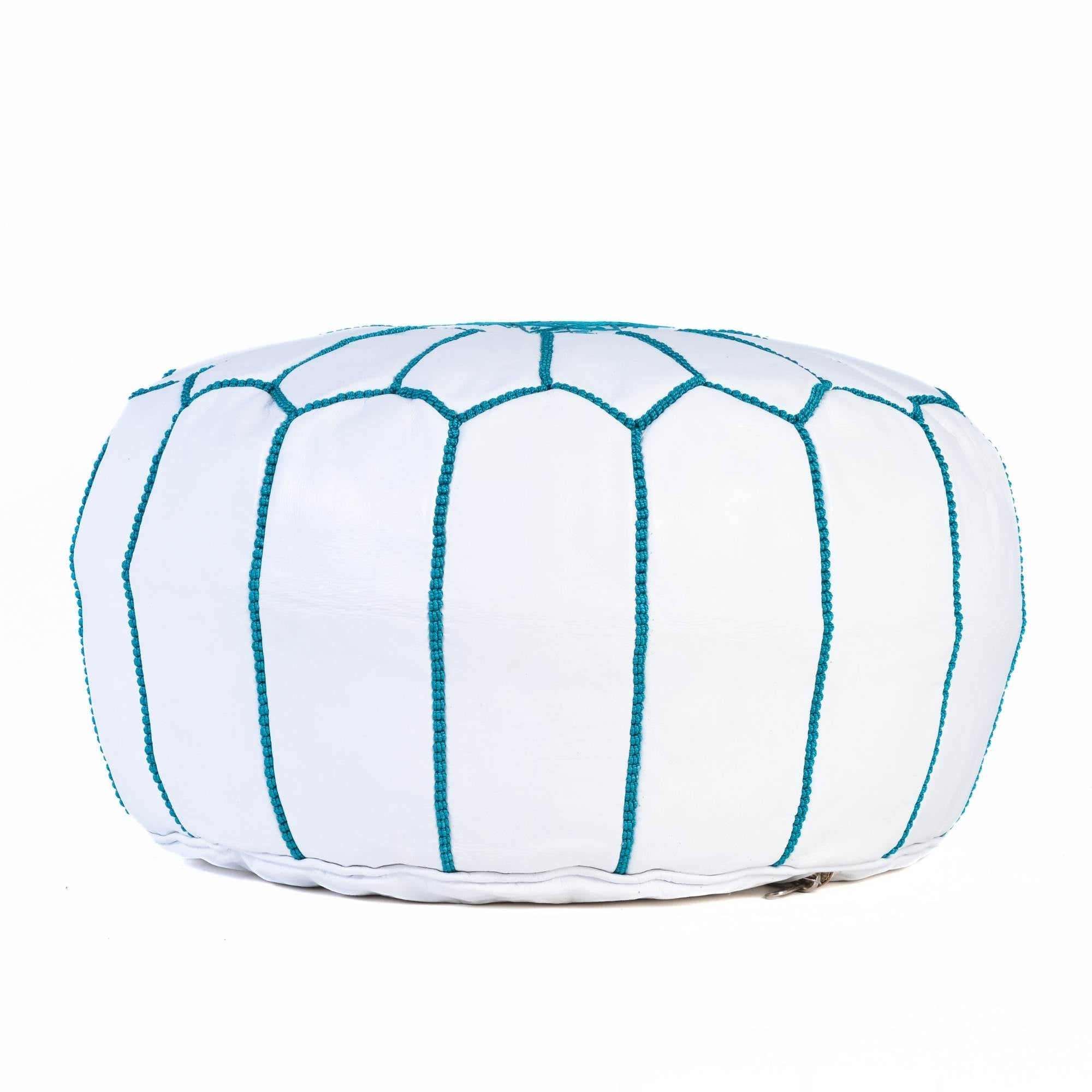 Blue Sky Hand-Stitched Genuine Leather Ottoman Pouf with Embroidery