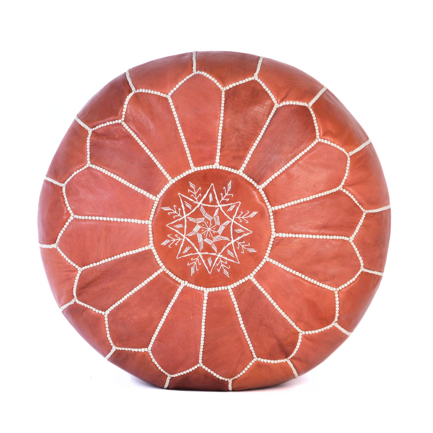 Almond Brown Hand-Stitched Genuine Leather Ottoman Pouf with Embroidery