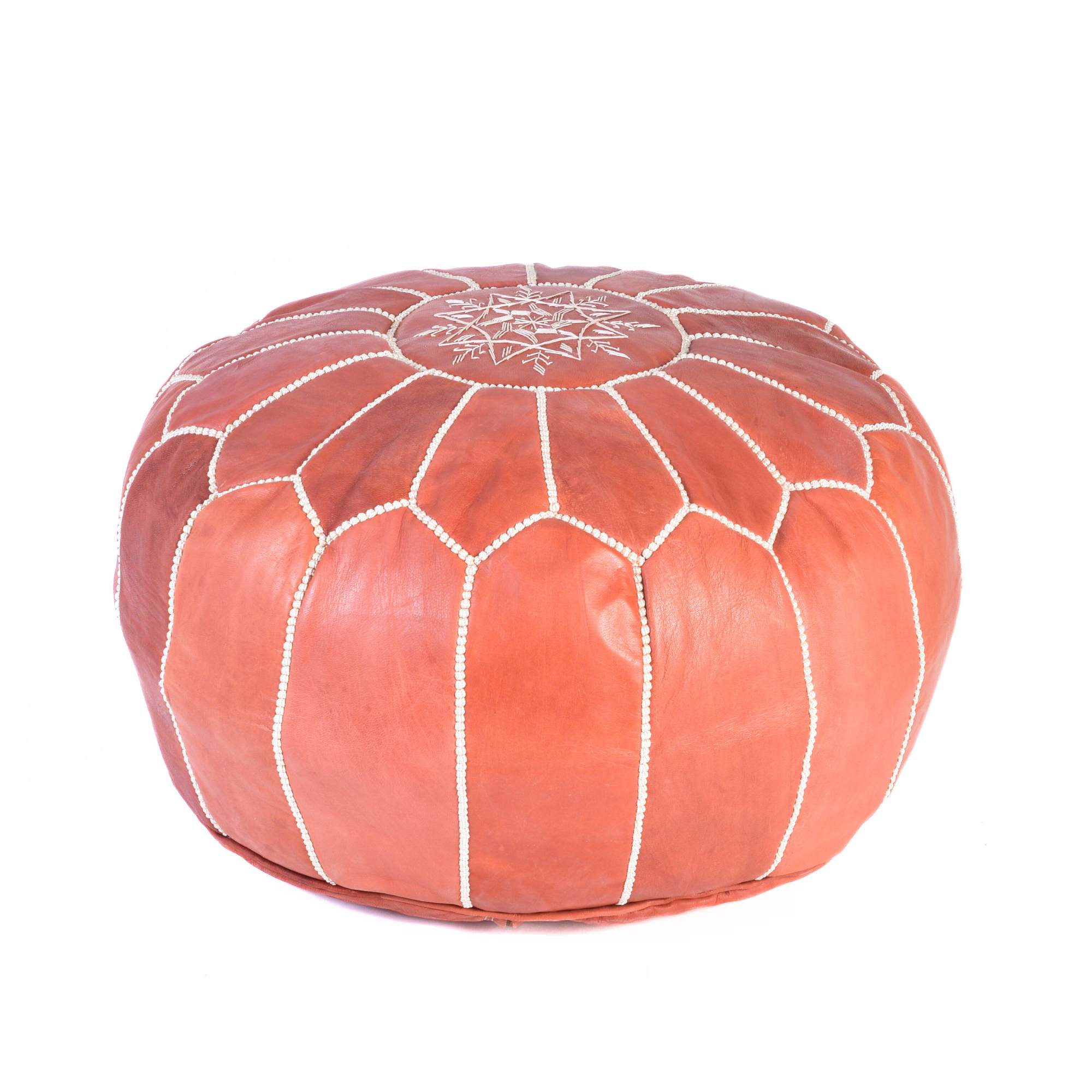 Almond Brown Hand-Stitched Genuine Leather Ottoman Pouf with Embroidery