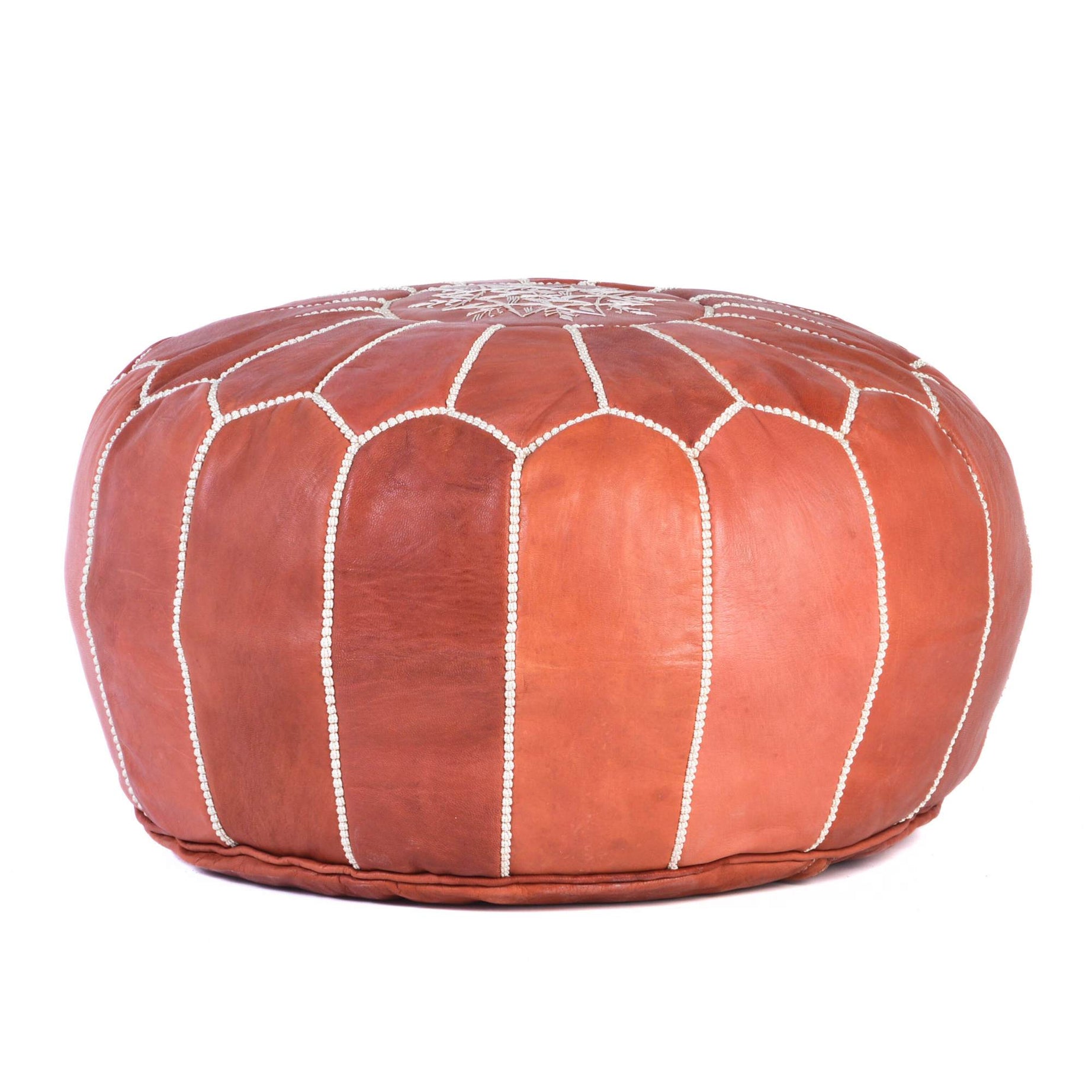 Almond Brown Hand-Stitched Genuine Leather Ottoman Pouf with Embroidery