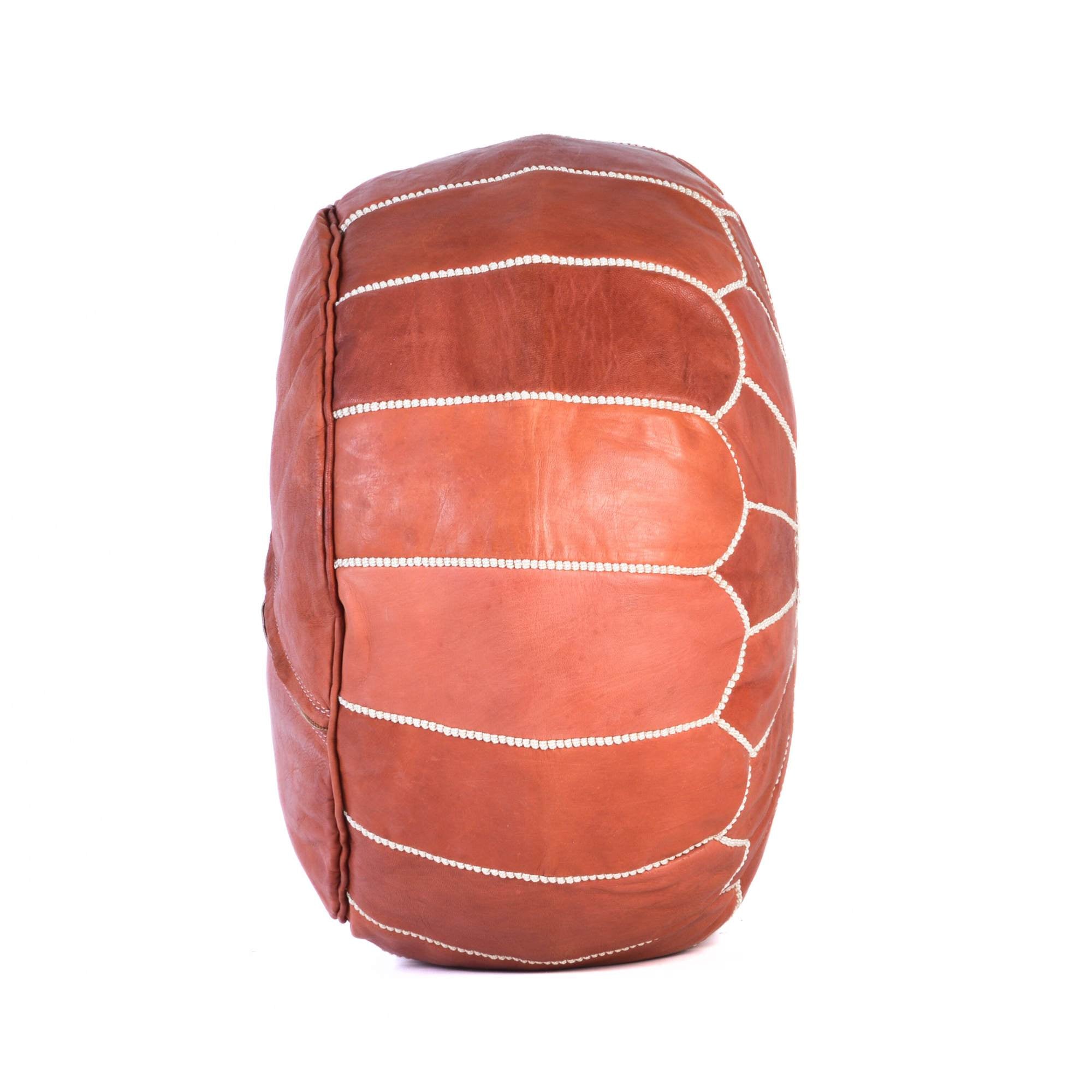 Almond Brown Hand-Stitched Genuine Leather Ottoman Pouf with Embroidery