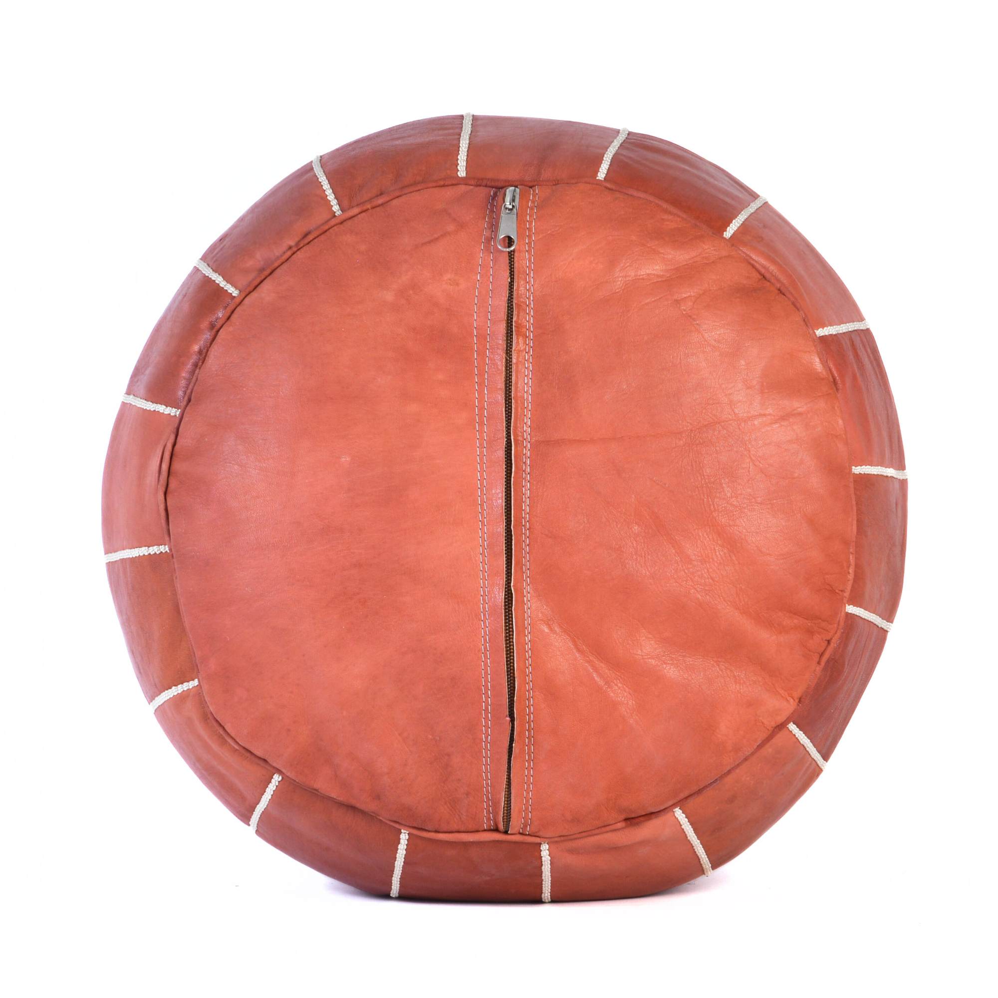Almond Brown Hand-Stitched Genuine Leather Ottoman Pouf with Embroidery