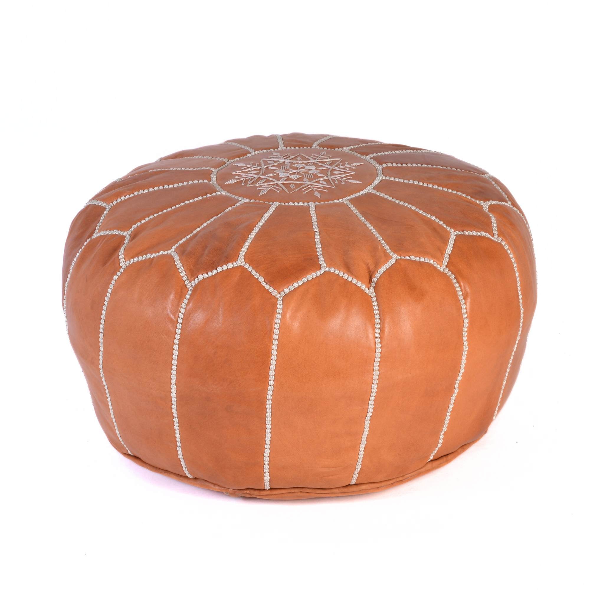 Cognac Hand-Stitched Genuine Leather Ottoman Pouf with Embroidery