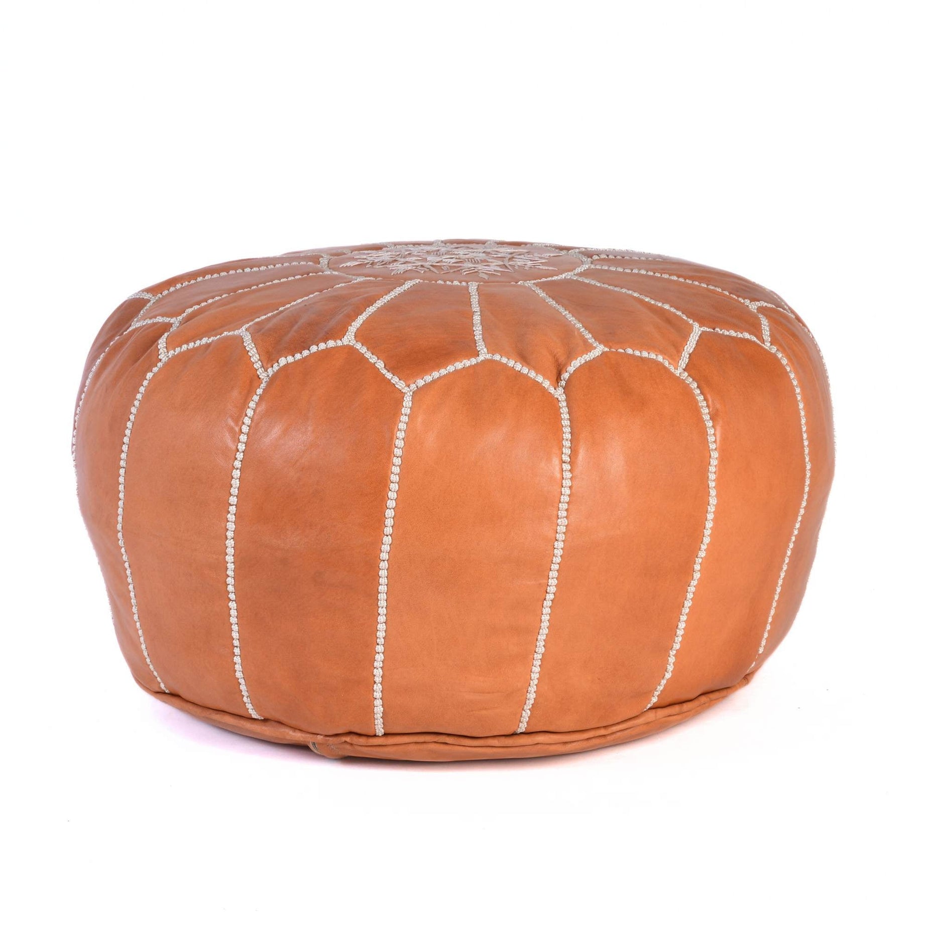 Cognac Hand-Stitched Genuine Leather Ottoman Pouf with Embroidery