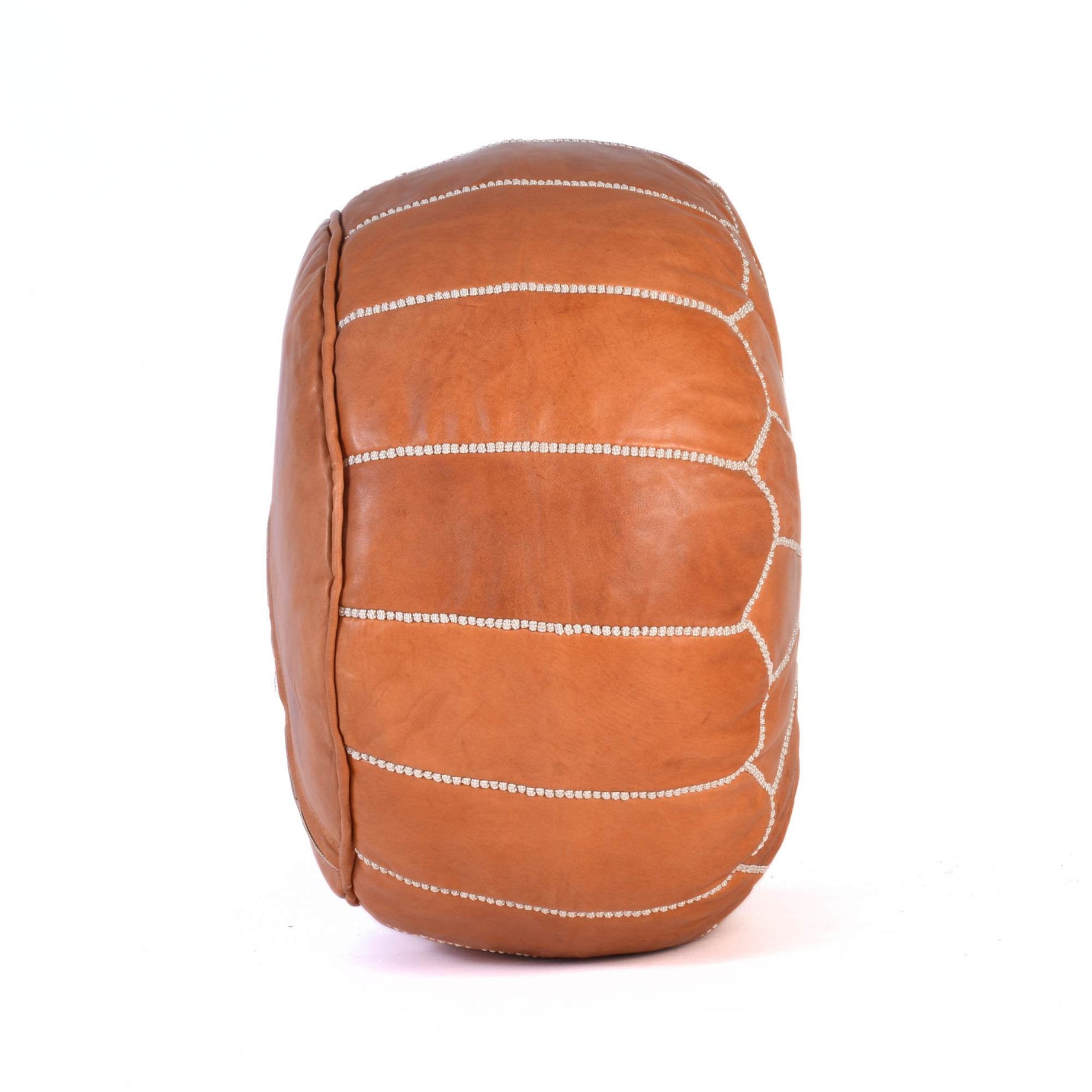 Cognac Hand-Stitched Genuine Leather Ottoman Pouf with Embroidery