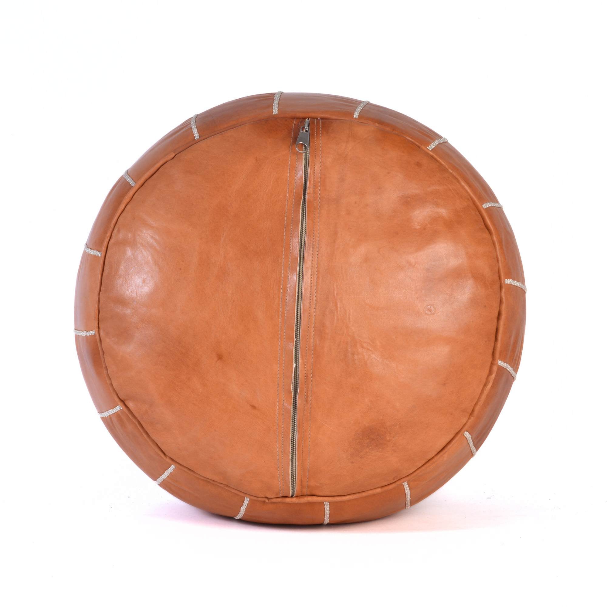 Cognac Hand-Stitched Genuine Leather Ottoman Pouf with Embroidery