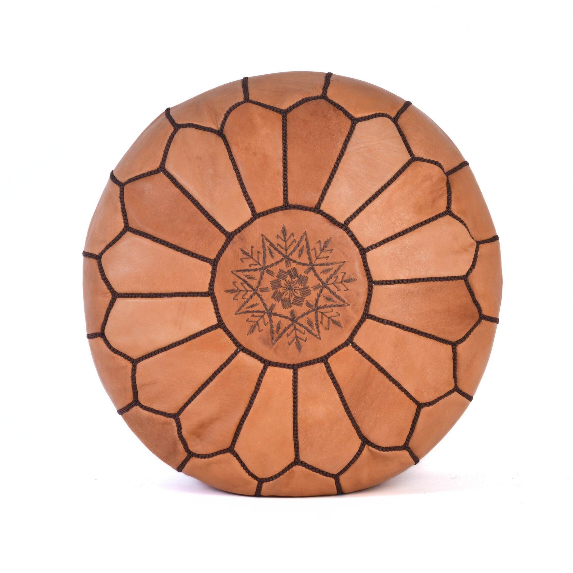 Cognac Brown Hand-Stitched Genuine Leather Ottoman Pouf with Embroidery