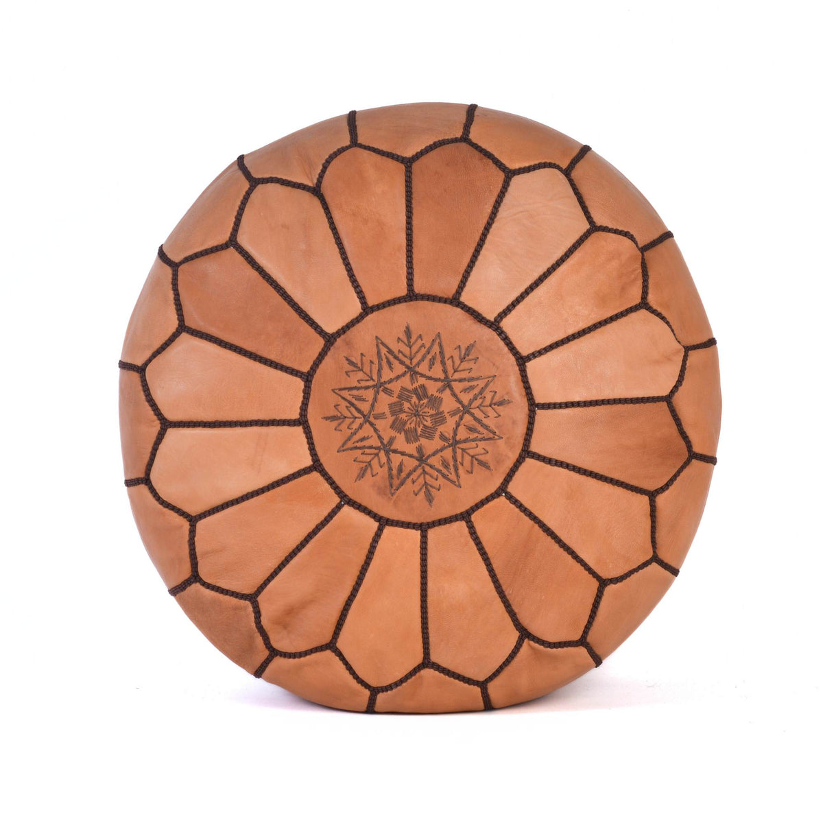 Cognac Brown Leather Pouf Authentic Moroccan Handmade Ottoman - LuxoraCraft