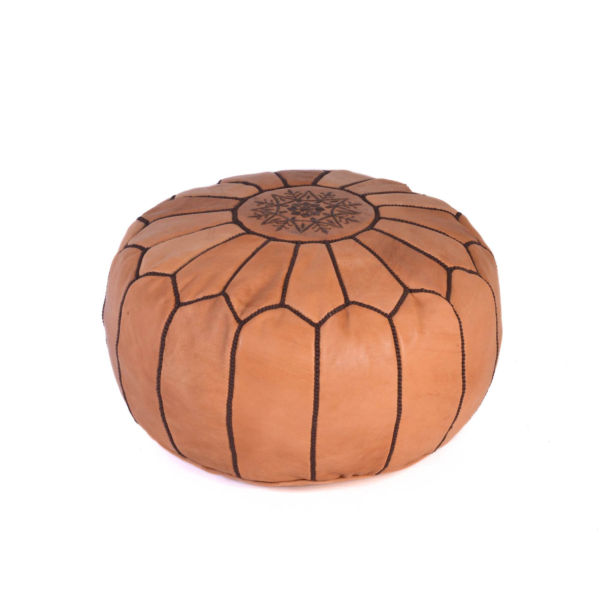 Cognac Brown Hand-Stitched Genuine Leather Ottoman Pouf with Embroidery
