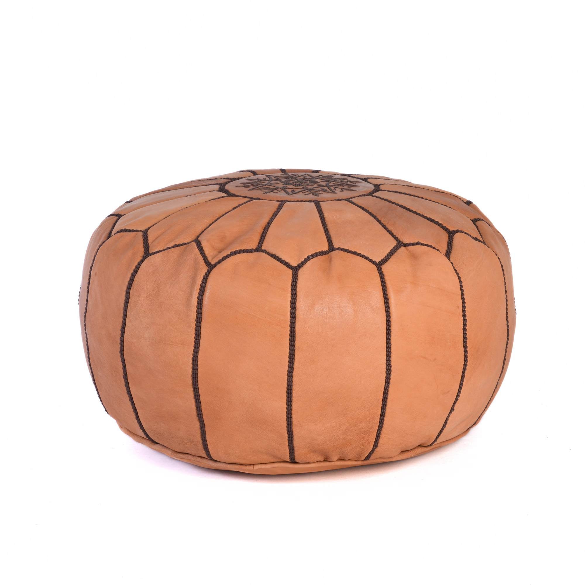 Cognac Brown Hand-Stitched Genuine Leather Ottoman Pouf with Embroidery