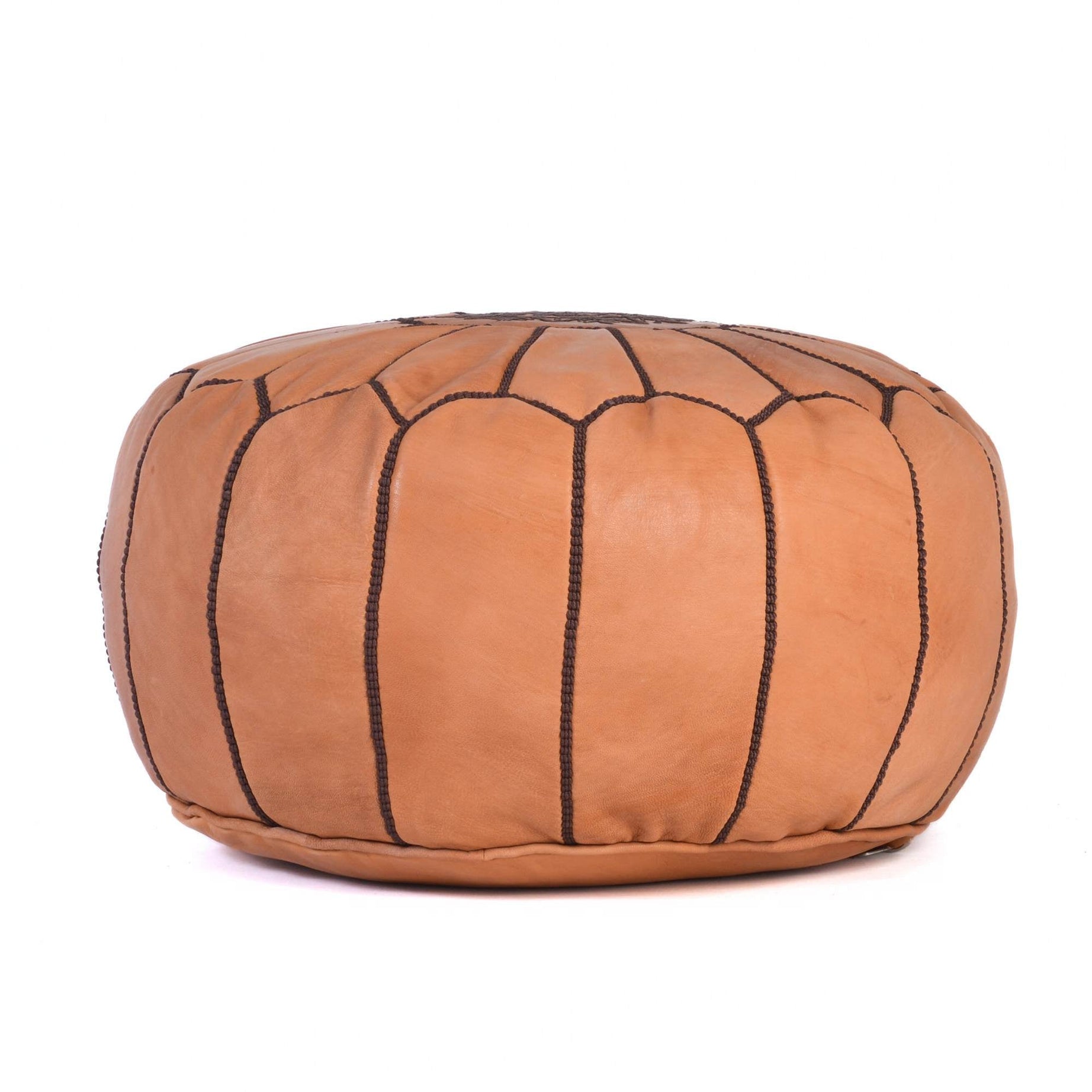 Cognac Brown Hand-Stitched Genuine Leather Ottoman Pouf with Embroidery