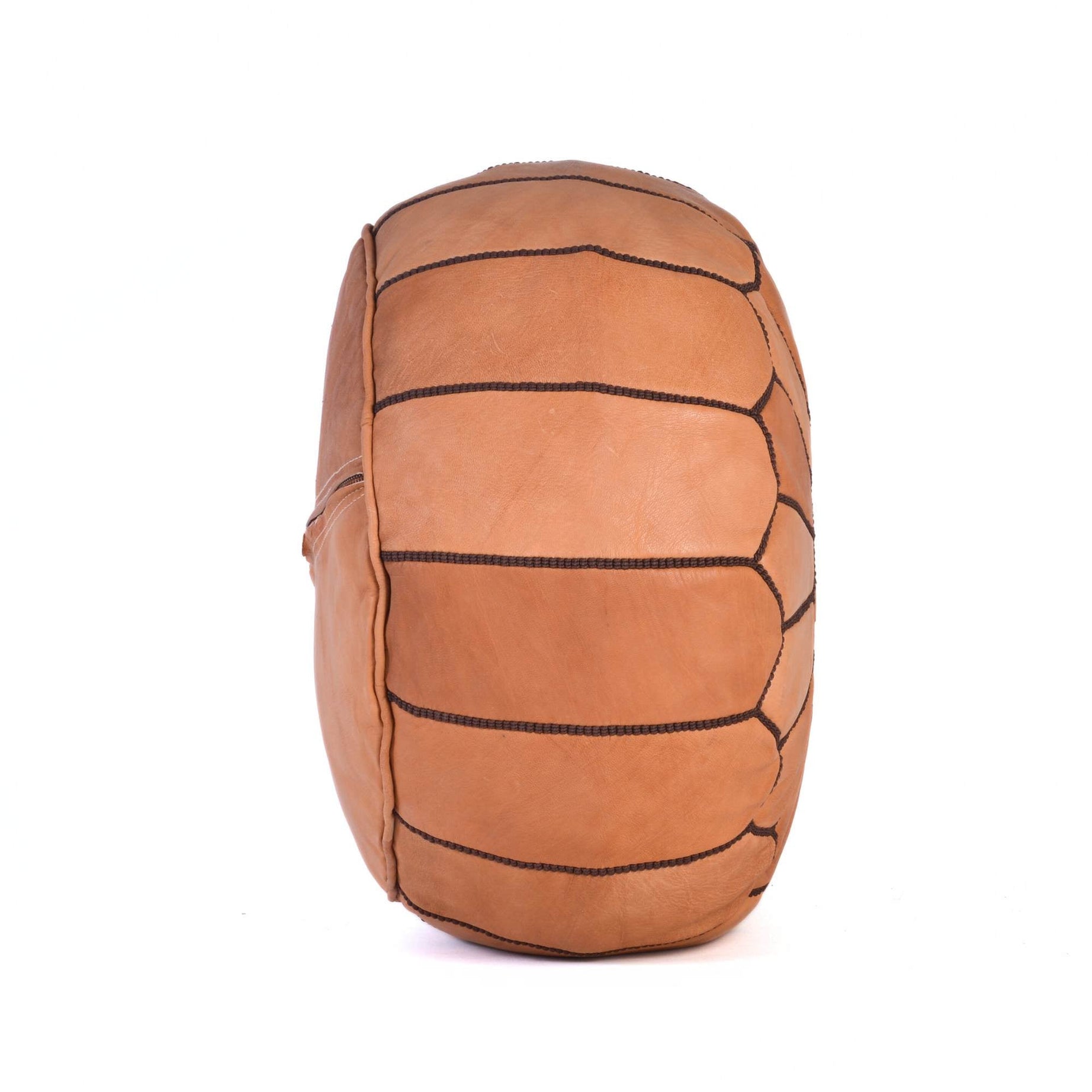 Cognac Brown Hand-Stitched Genuine Leather Ottoman Pouf with Embroidery