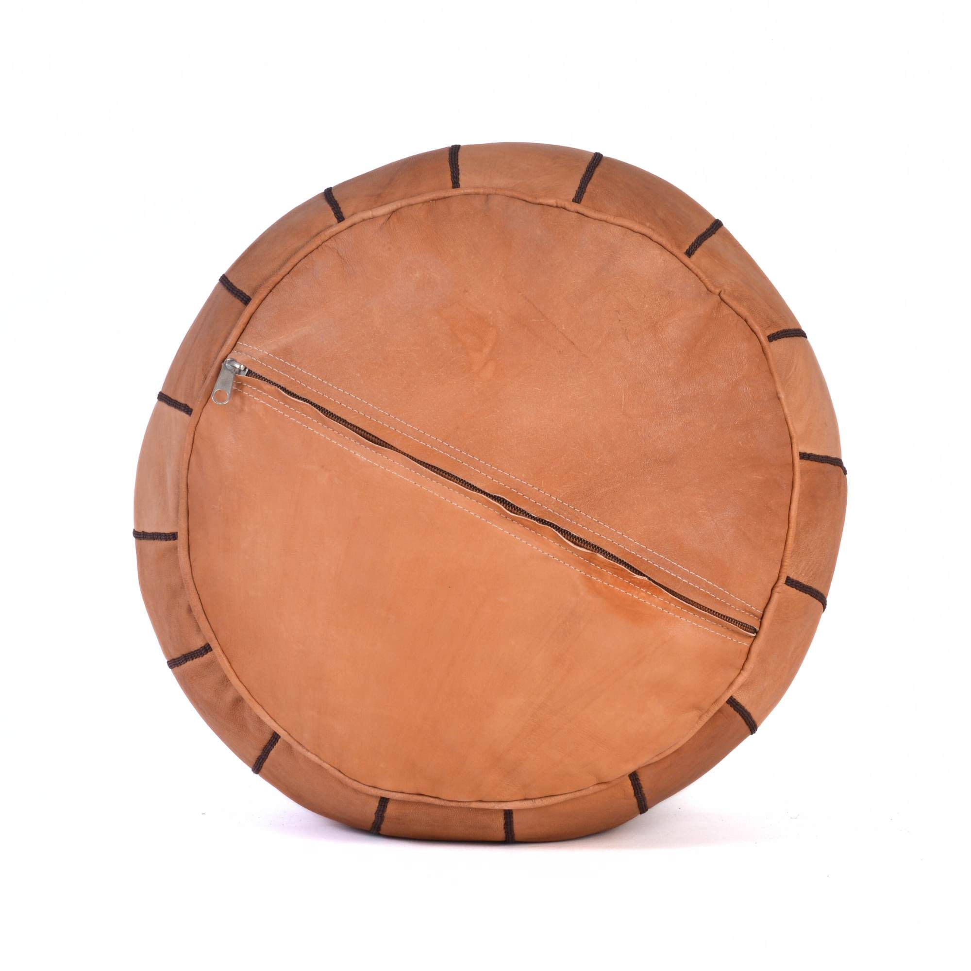 Cognac Brown Hand-Stitched Genuine Leather Ottoman Pouf with Embroidery