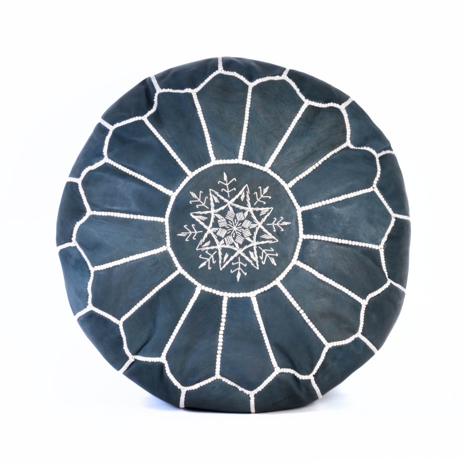 Dark Blue Hand-Stitched Genuine Leather Ottoman Pouf with Embroidery