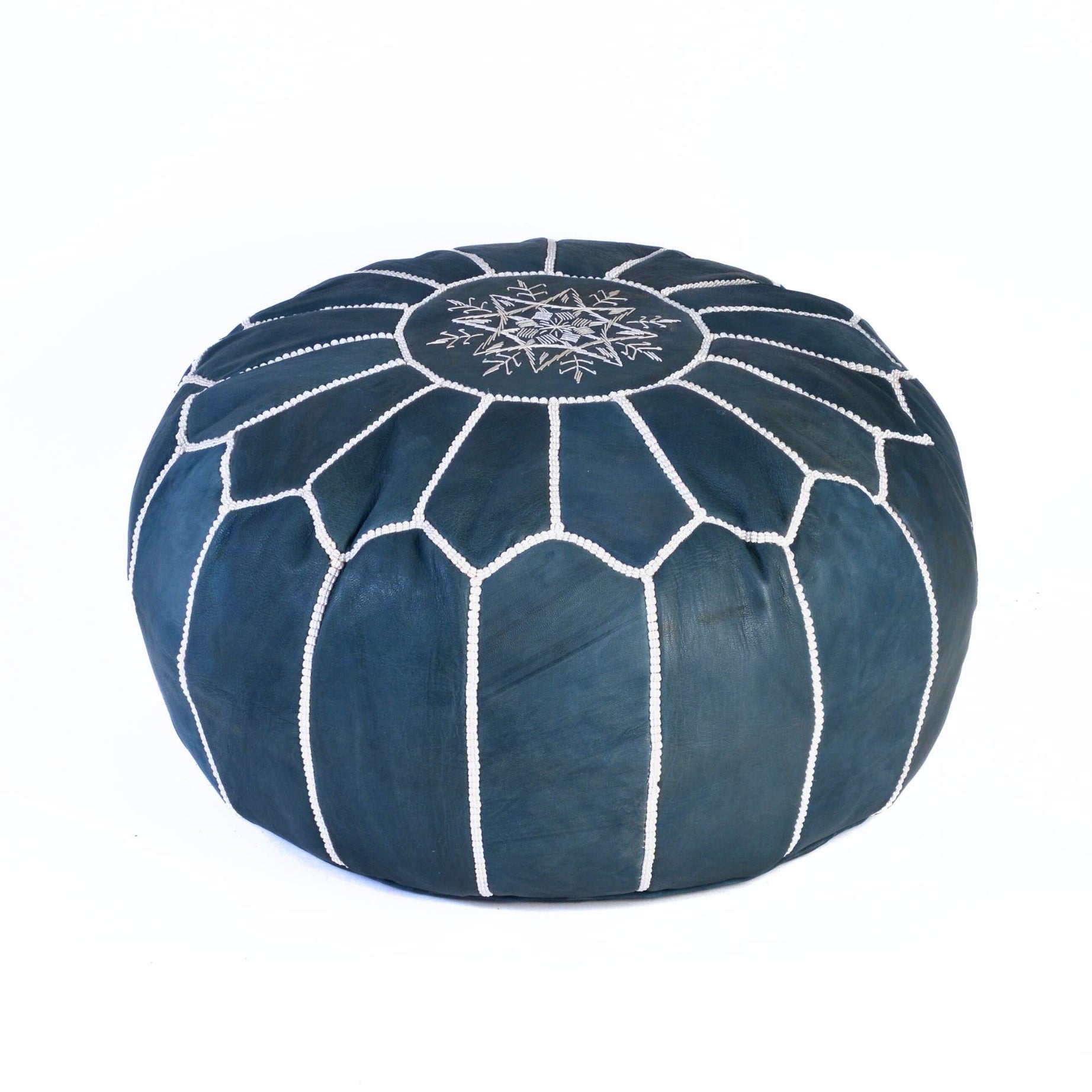 Dark Blue Hand-Stitched Genuine Leather Ottoman Pouf with Embroidery