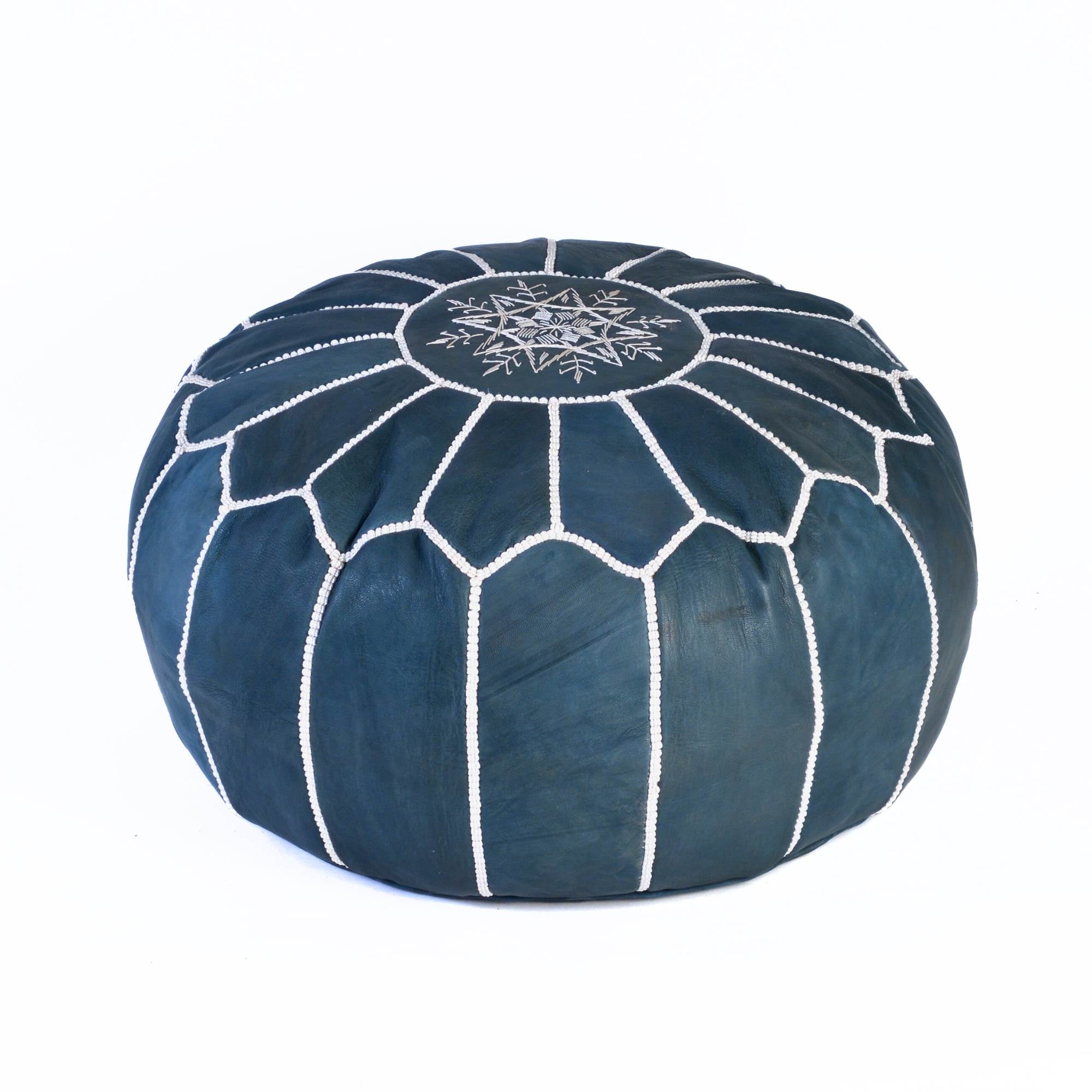 Dark Blue Hand-Stitched Genuine Leather Ottoman Pouf with Embroidery