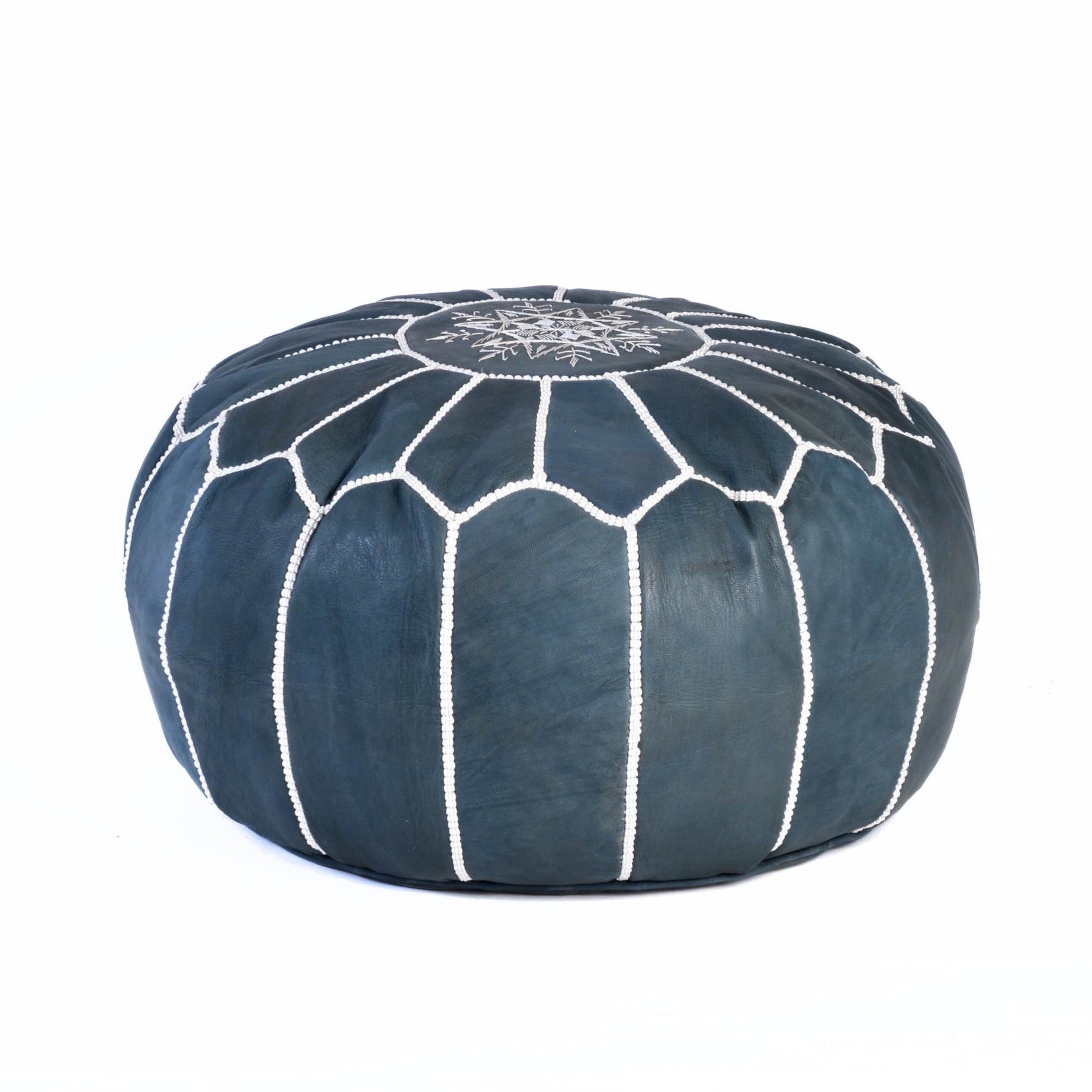 Dark Blue Hand-Stitched Genuine Leather Ottoman Pouf with Embroidery
