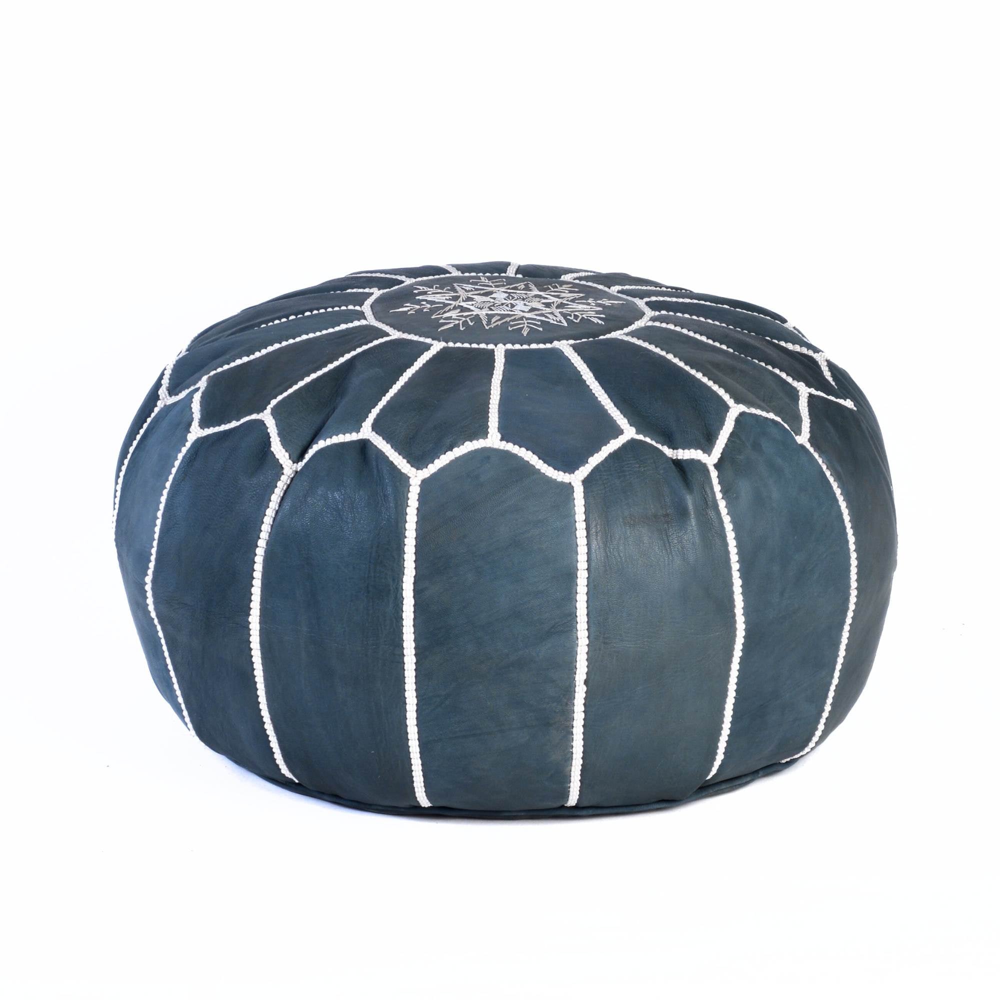 Dark Blue Hand-Stitched Genuine Leather Ottoman Pouf with Embroidery
