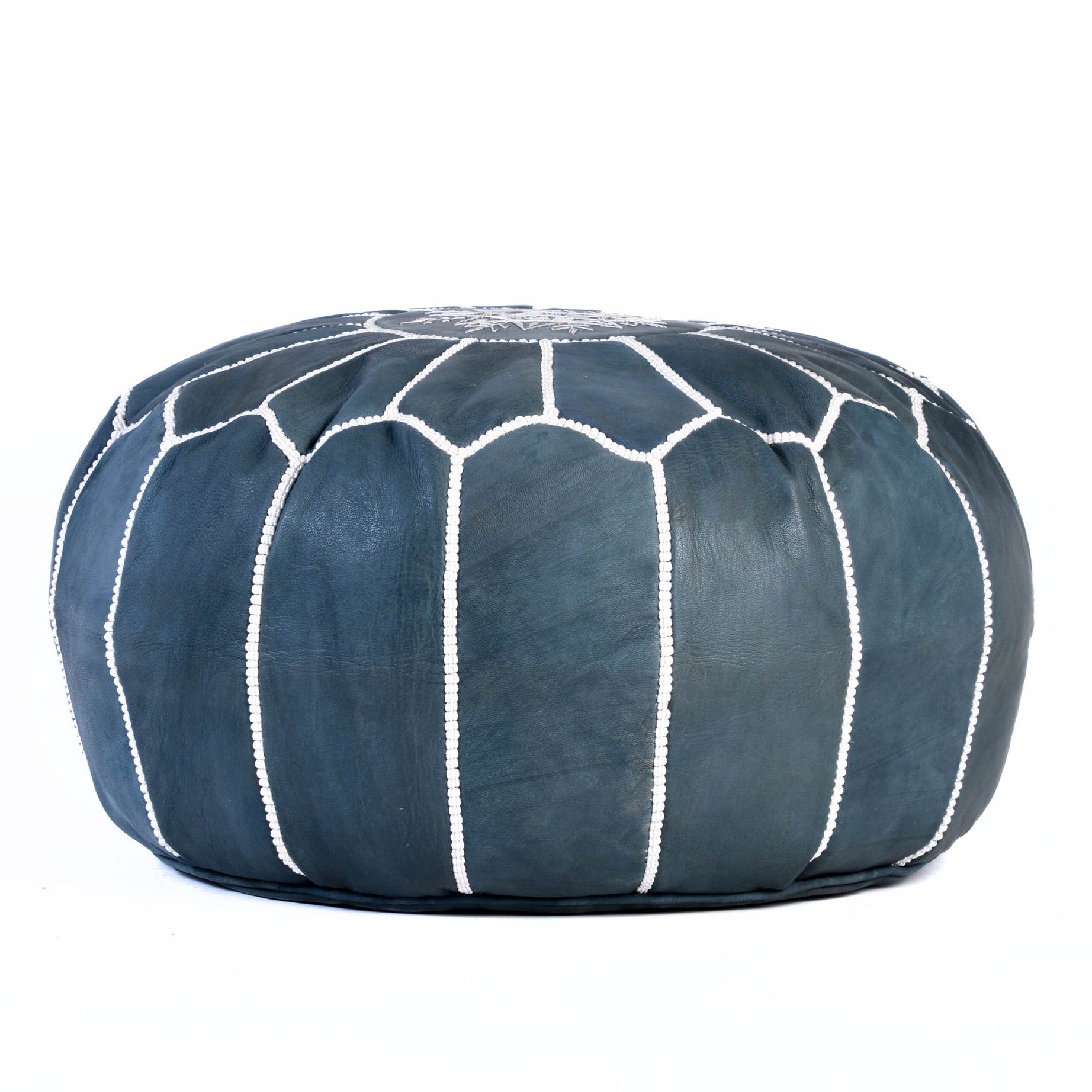 Dark Blue Hand-Stitched Genuine Leather Ottoman Pouf with Embroidery