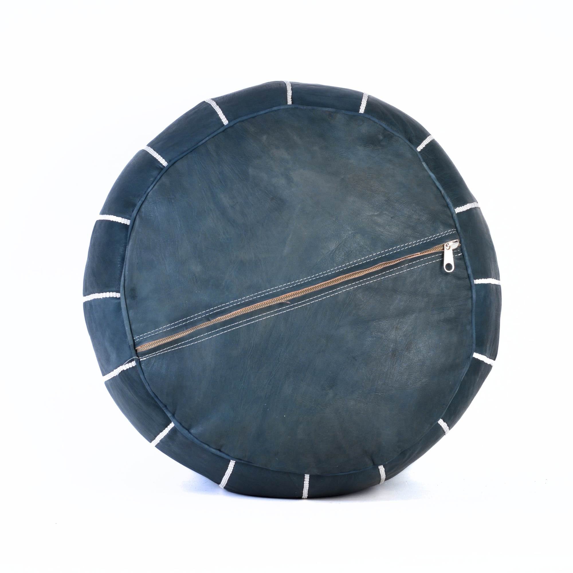 Dark Blue Hand-Stitched Genuine Leather Ottoman Pouf with Embroidery