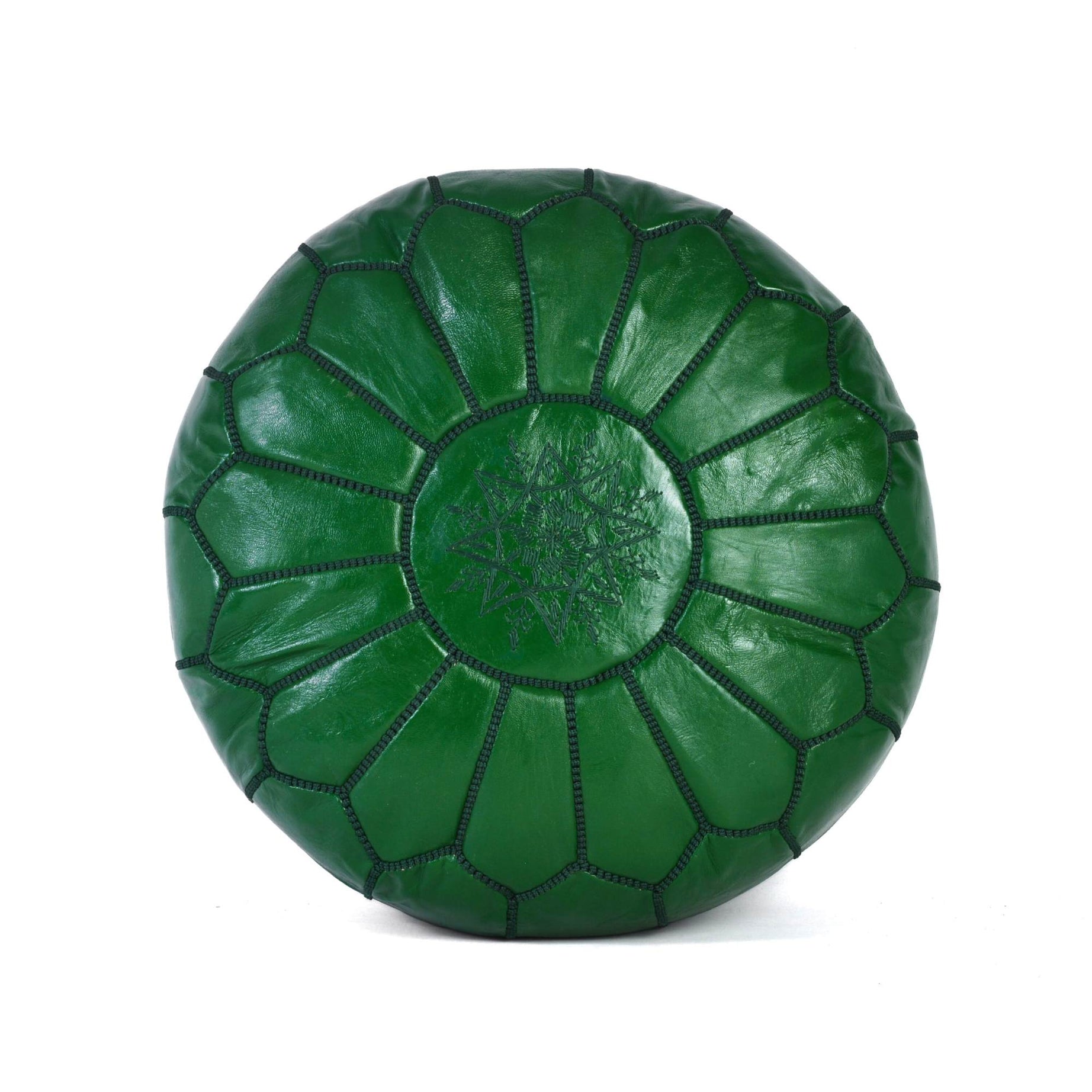 Dark Green Hand-Stitched Genuine Leather Ottoman Pouf with Embroidery