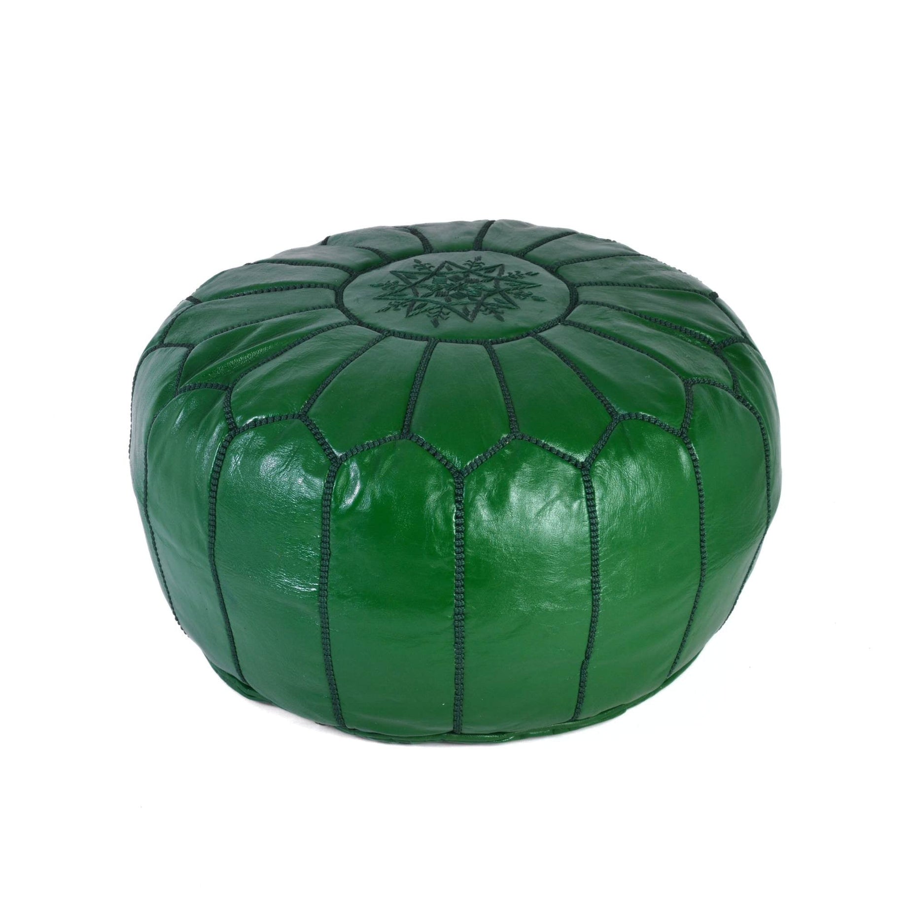 Dark Green Hand-Stitched Genuine Leather Ottoman Pouf with Embroidery
