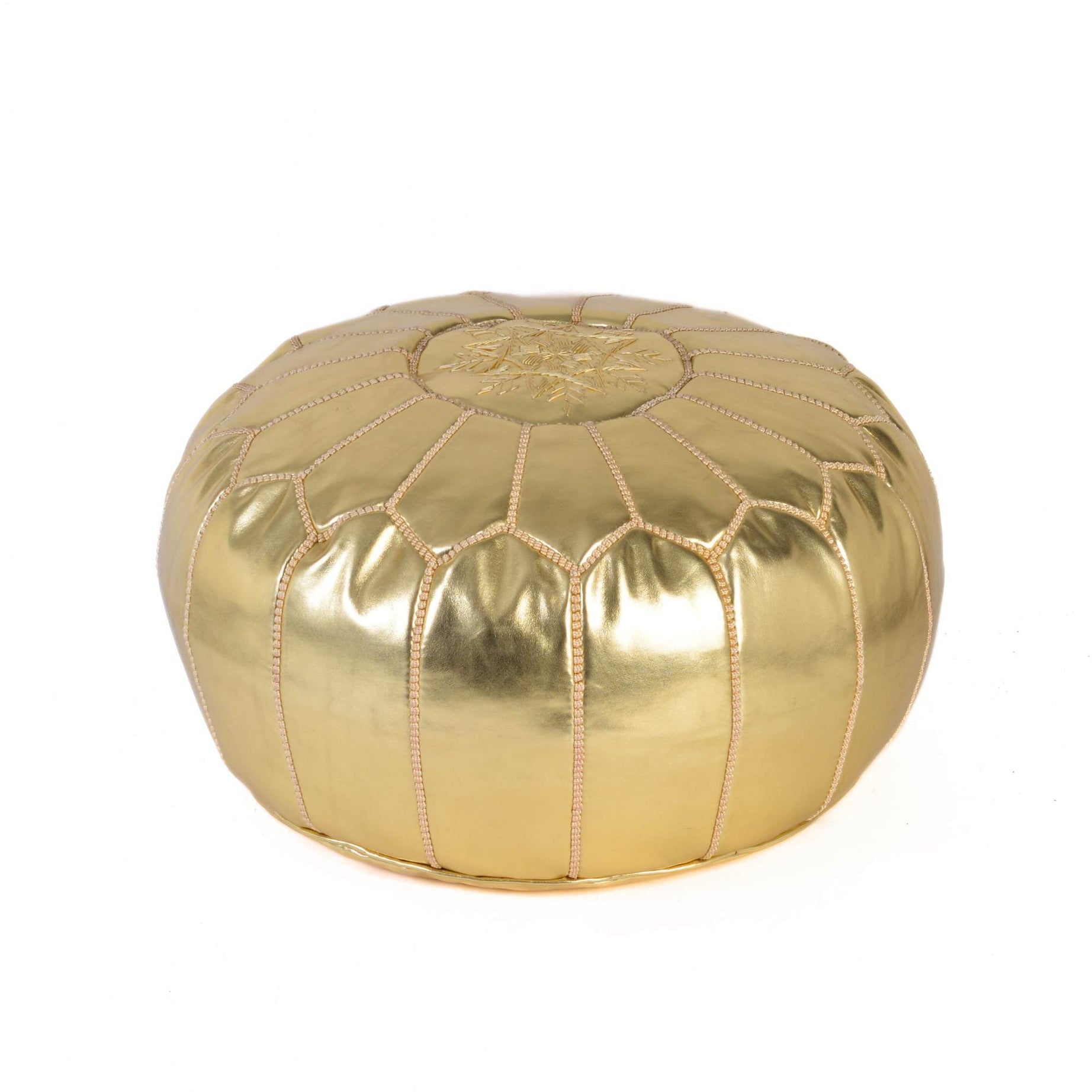 Gold Hand-Stitched Genuine Leather Ottoman Pouf with Embroidery