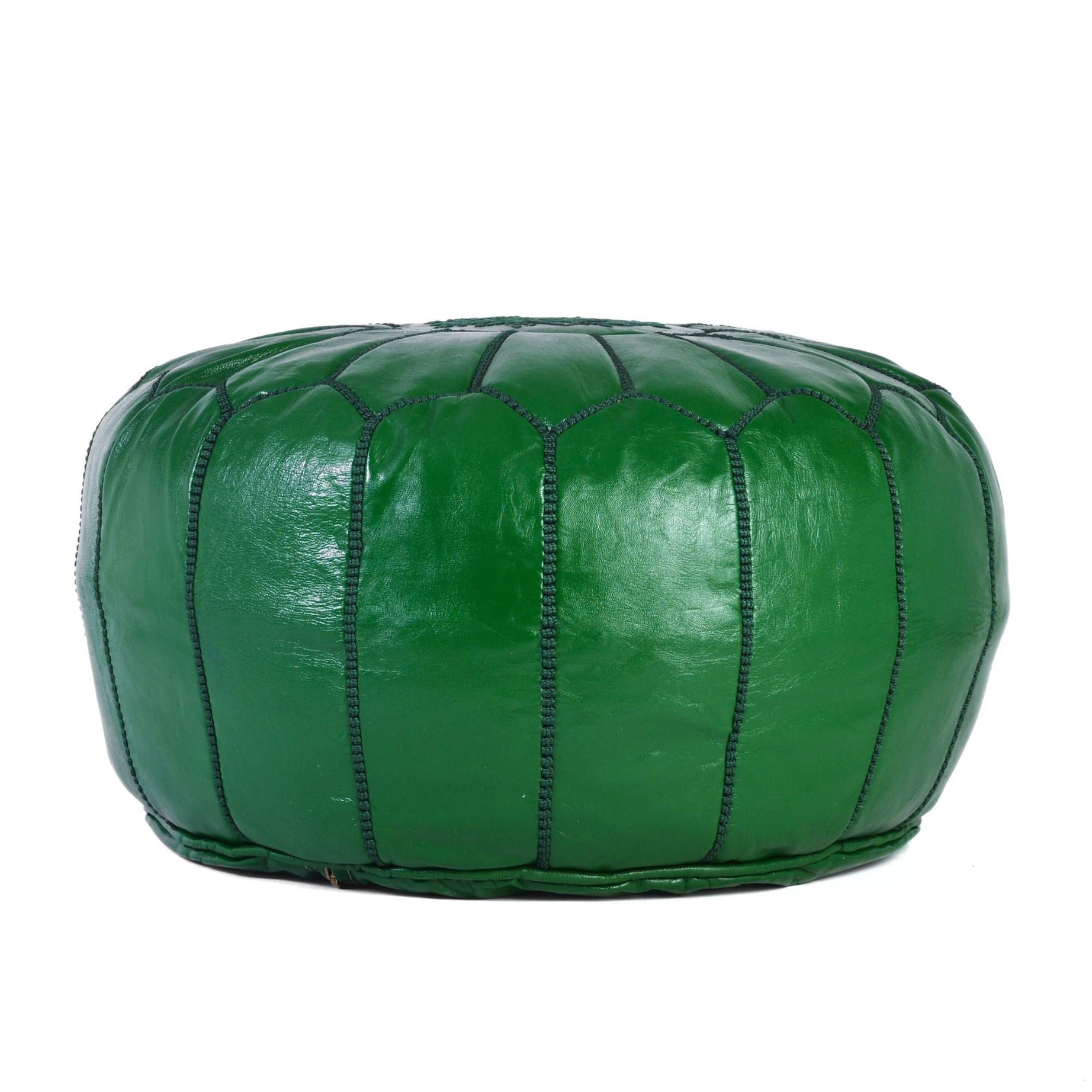 Dark Green Hand-Stitched Genuine Leather Ottoman Pouf with Embroidery