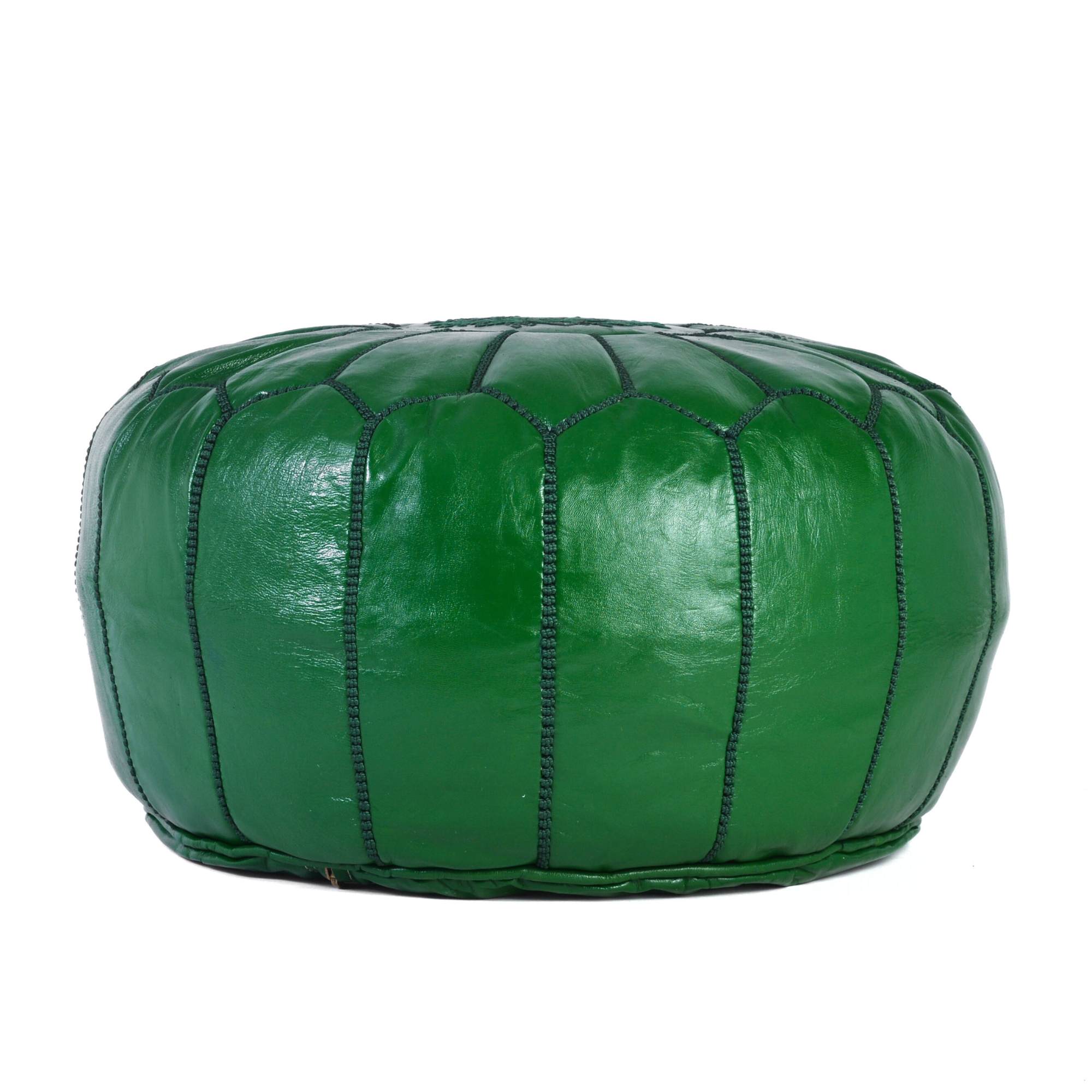 Dark Green Hand-Stitched Genuine Leather Ottoman Pouf with Embroidery