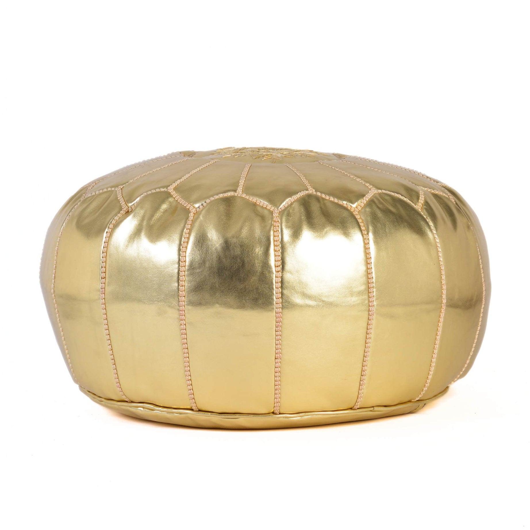 Gold Hand-Stitched Genuine Leather Ottoman Pouf with Embroidery