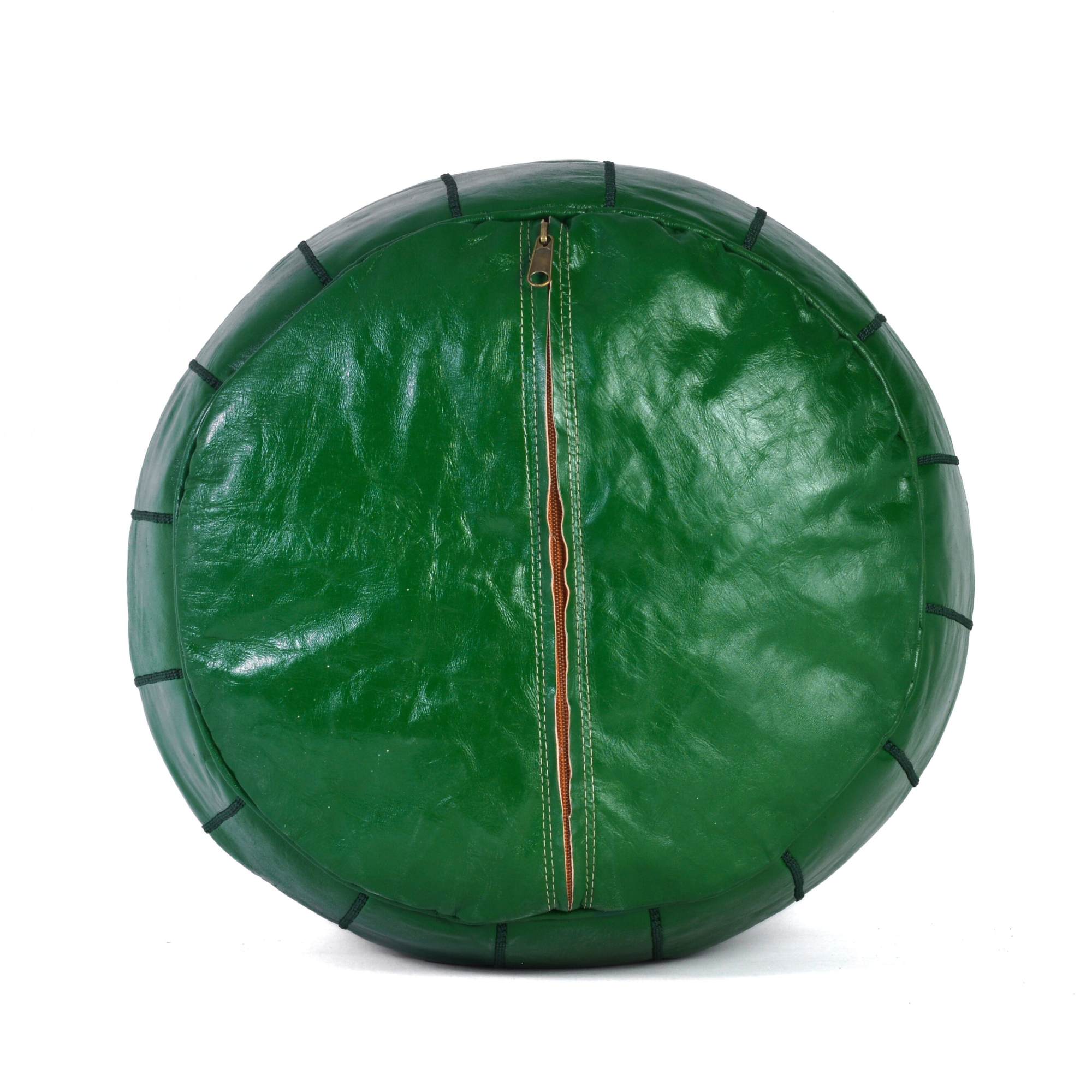 Dark Green Hand-Stitched Genuine Leather Ottoman Pouf with Embroidery