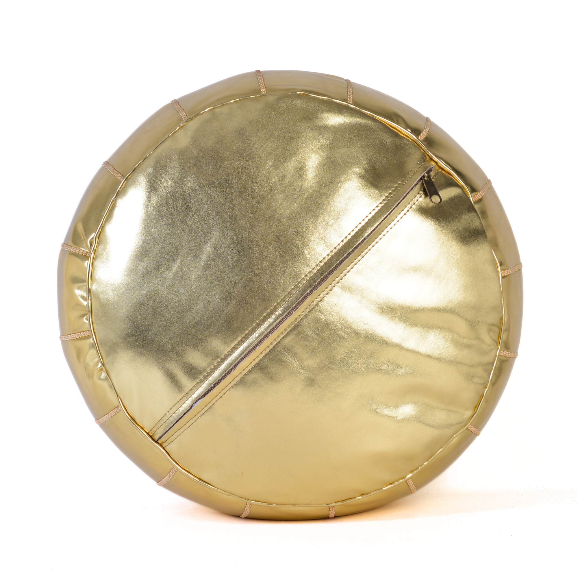 Gold Hand-Stitched Genuine Leather Ottoman Pouf with Embroidery