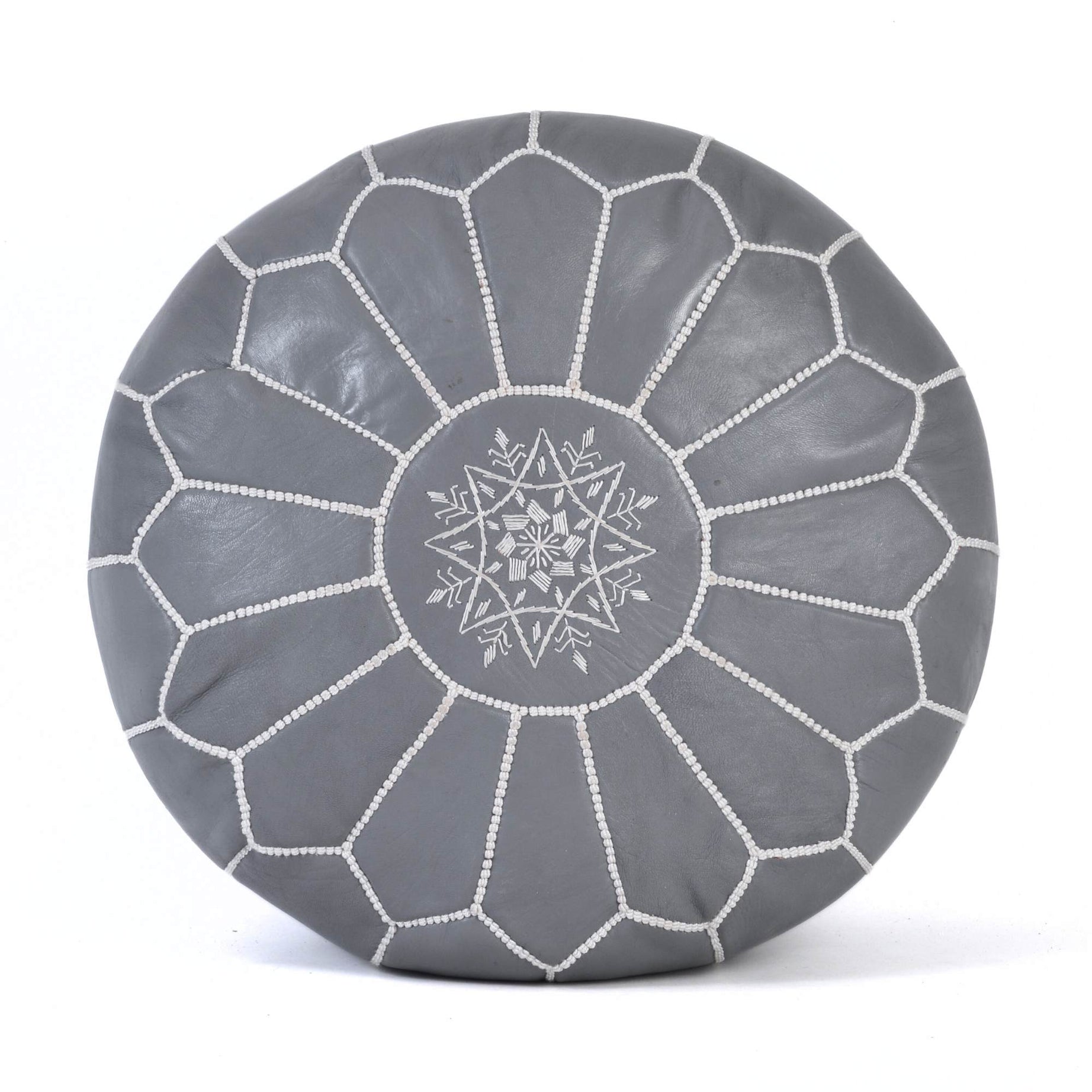 Gray White Hand-Stitched Genuine Leather Ottoman Pouf with Embroidery