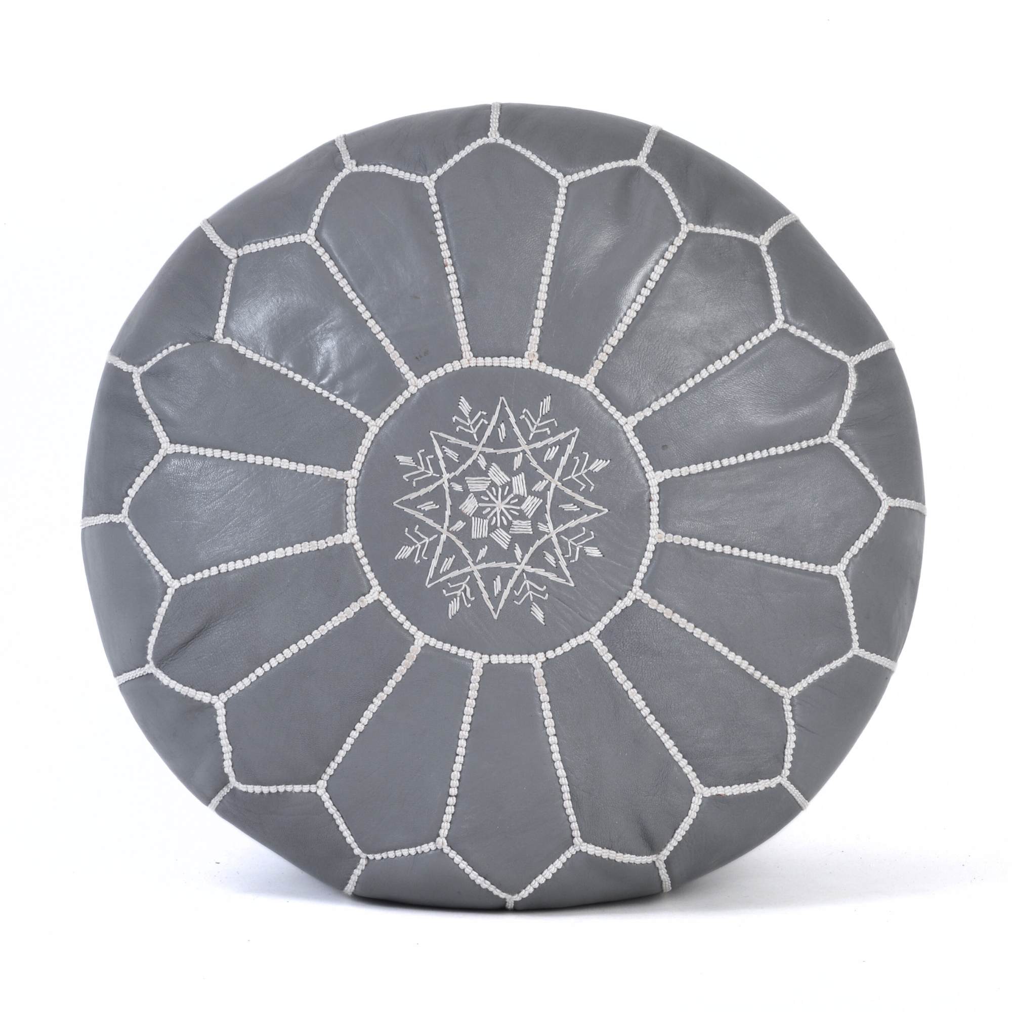 Gray White Hand-Stitched Genuine Leather Ottoman Pouf with Embroidery