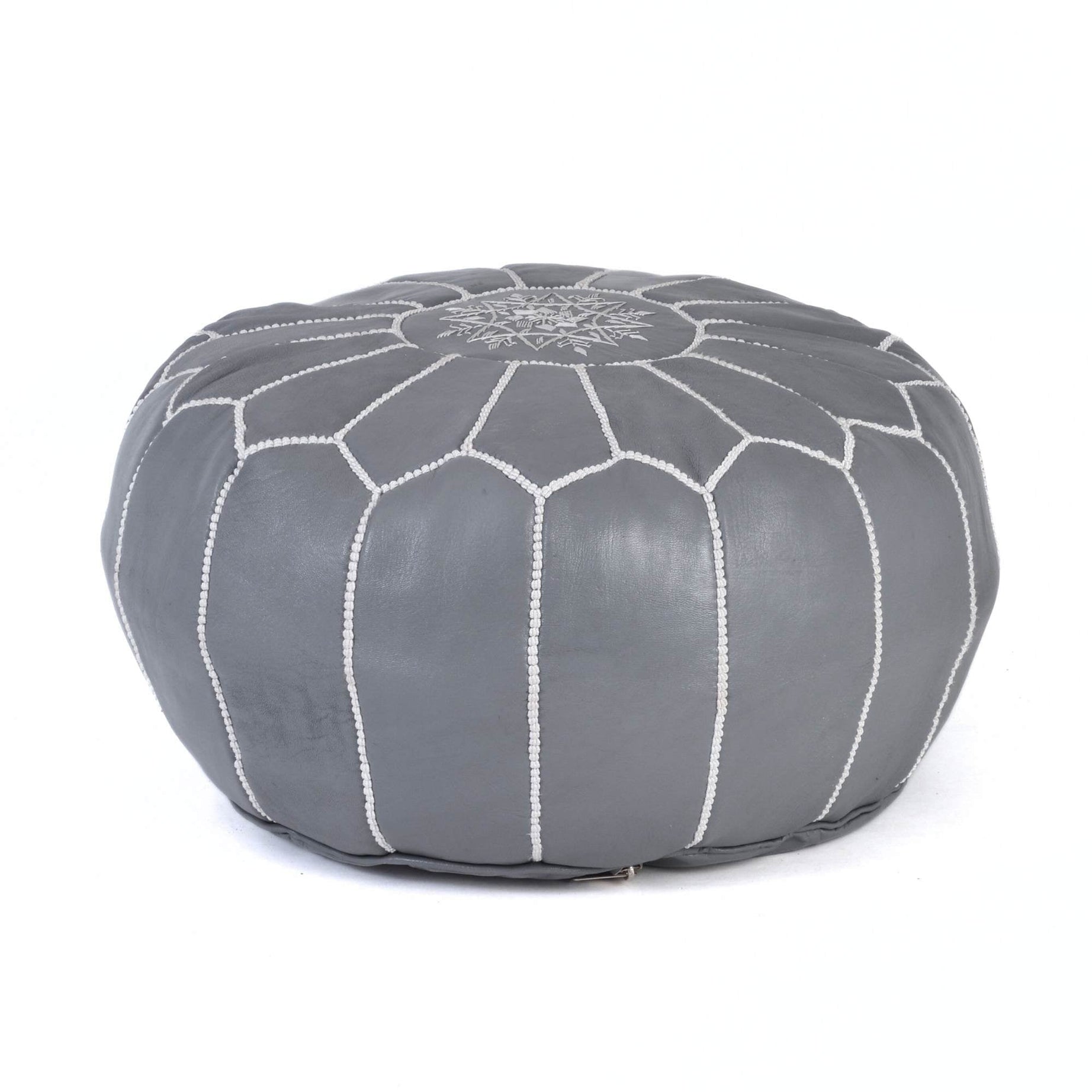 Gray White Hand-Stitched Genuine Leather Ottoman Pouf with Embroidery