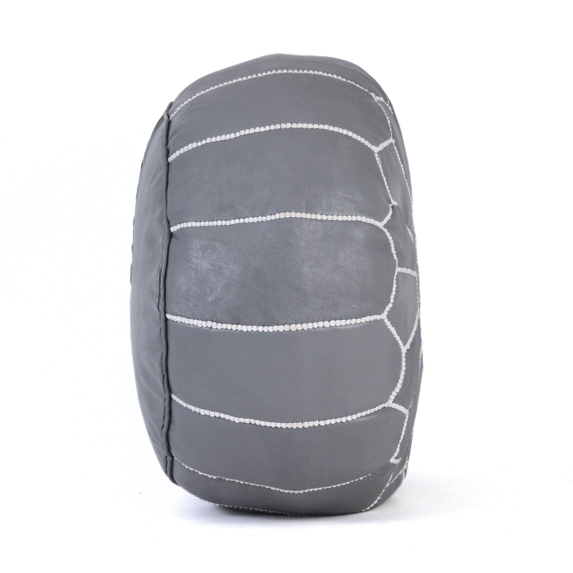 Gray White Hand-Stitched Genuine Leather Ottoman Pouf with Embroidery