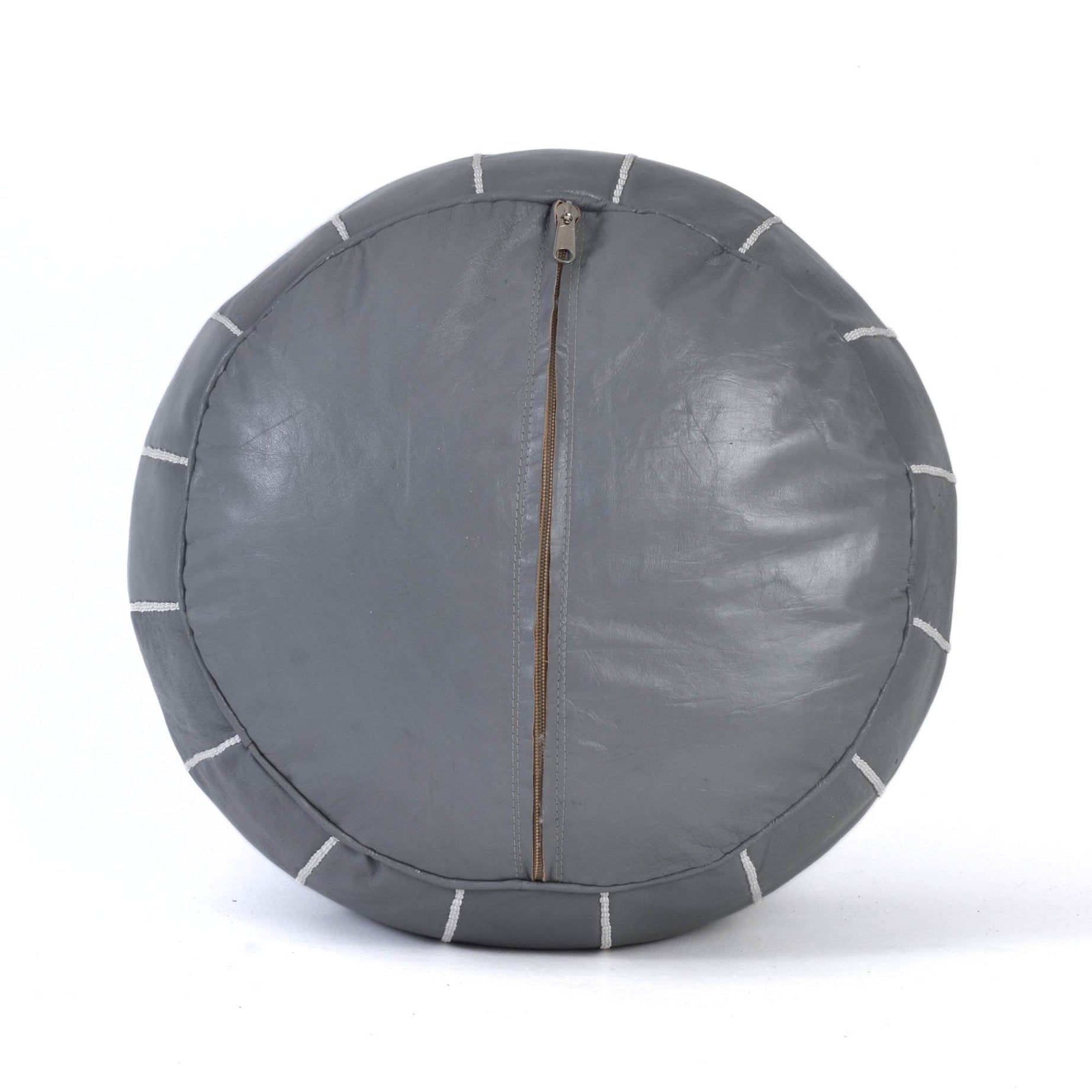 Gray White Hand-Stitched Genuine Leather Ottoman Pouf with Embroidery