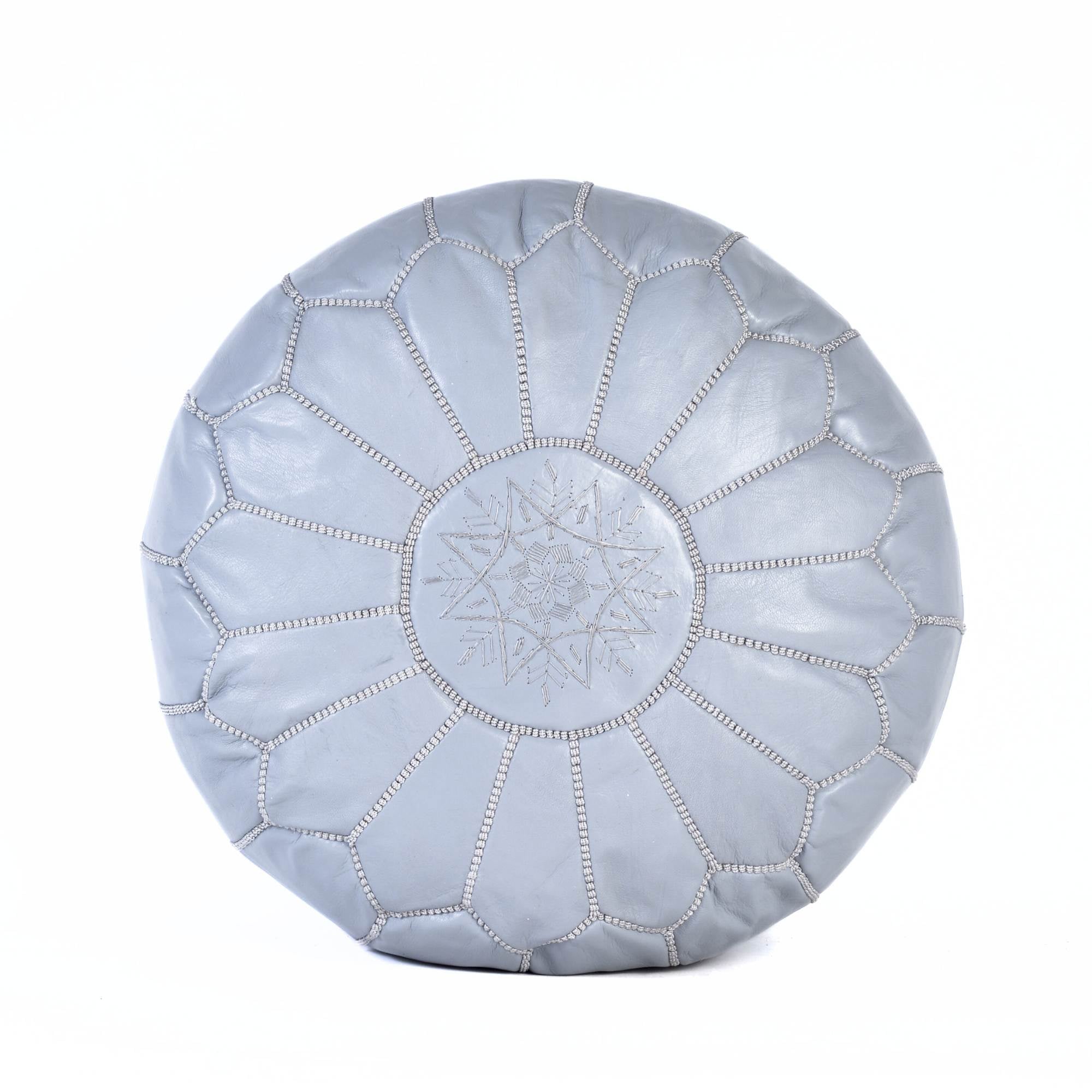 Light Gray Hand-Stitched Genuine Leather Ottoman Pouf with Embroidery
