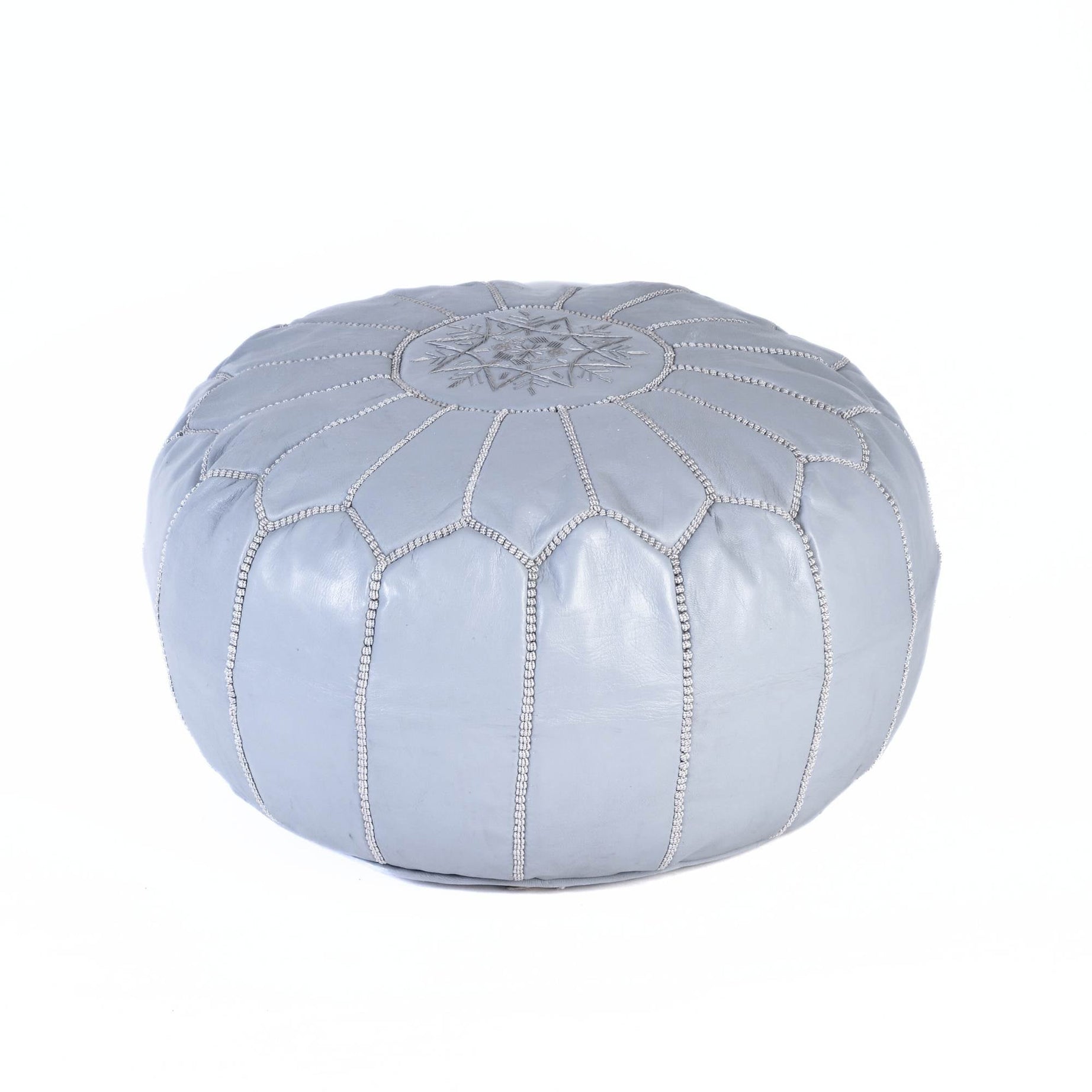 Light Gray Hand-Stitched Genuine Leather Ottoman Pouf with Embroidery