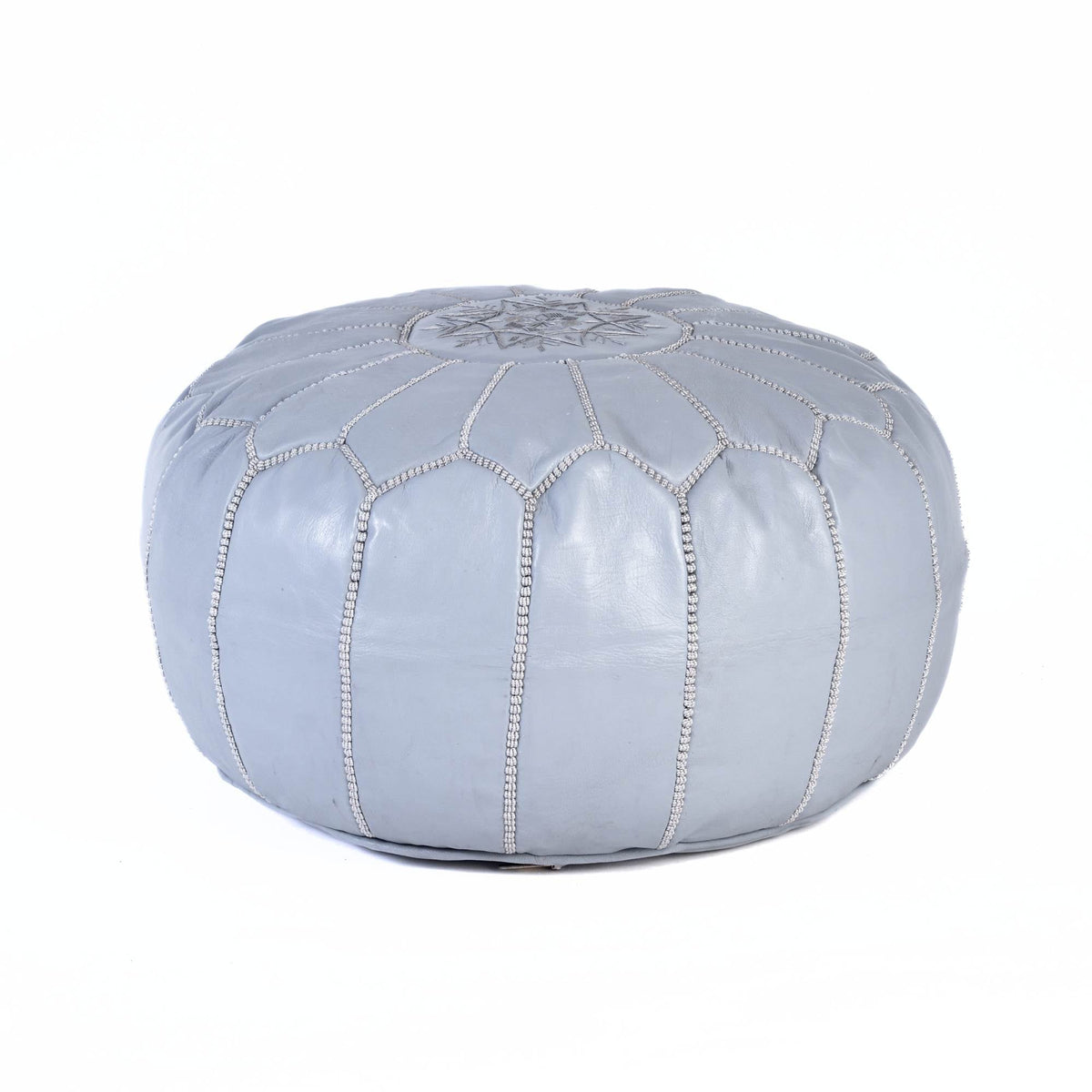 Handcrafted Light Gray Leather Pouf Moroccan Interior Style - LuxoraCraft