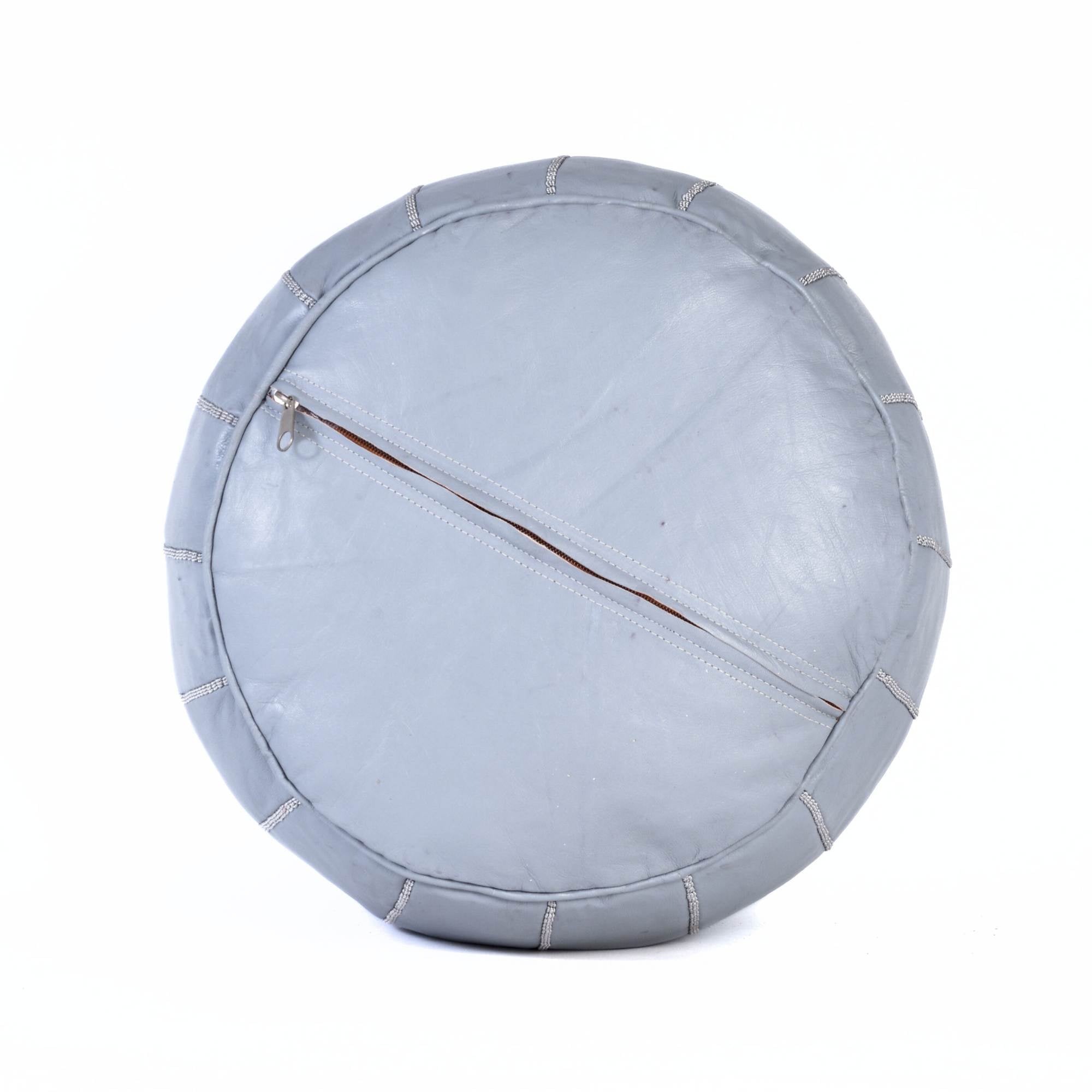 Light Gray Hand-Stitched Genuine Leather Ottoman Pouf with Embroidery