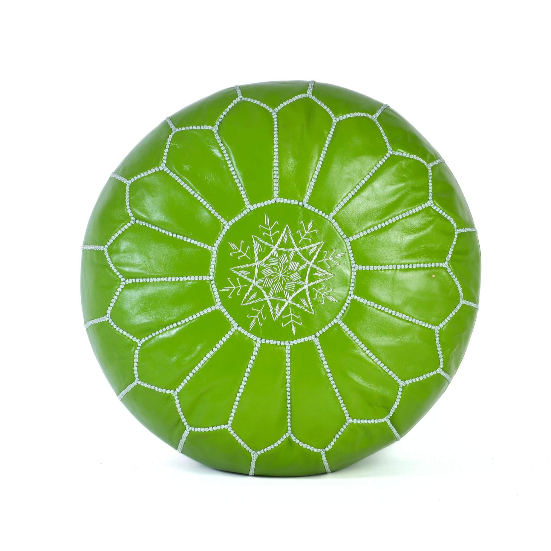 Light Green Hand-Stitched Genuine Leather Ottoman Pouf with Embroidery