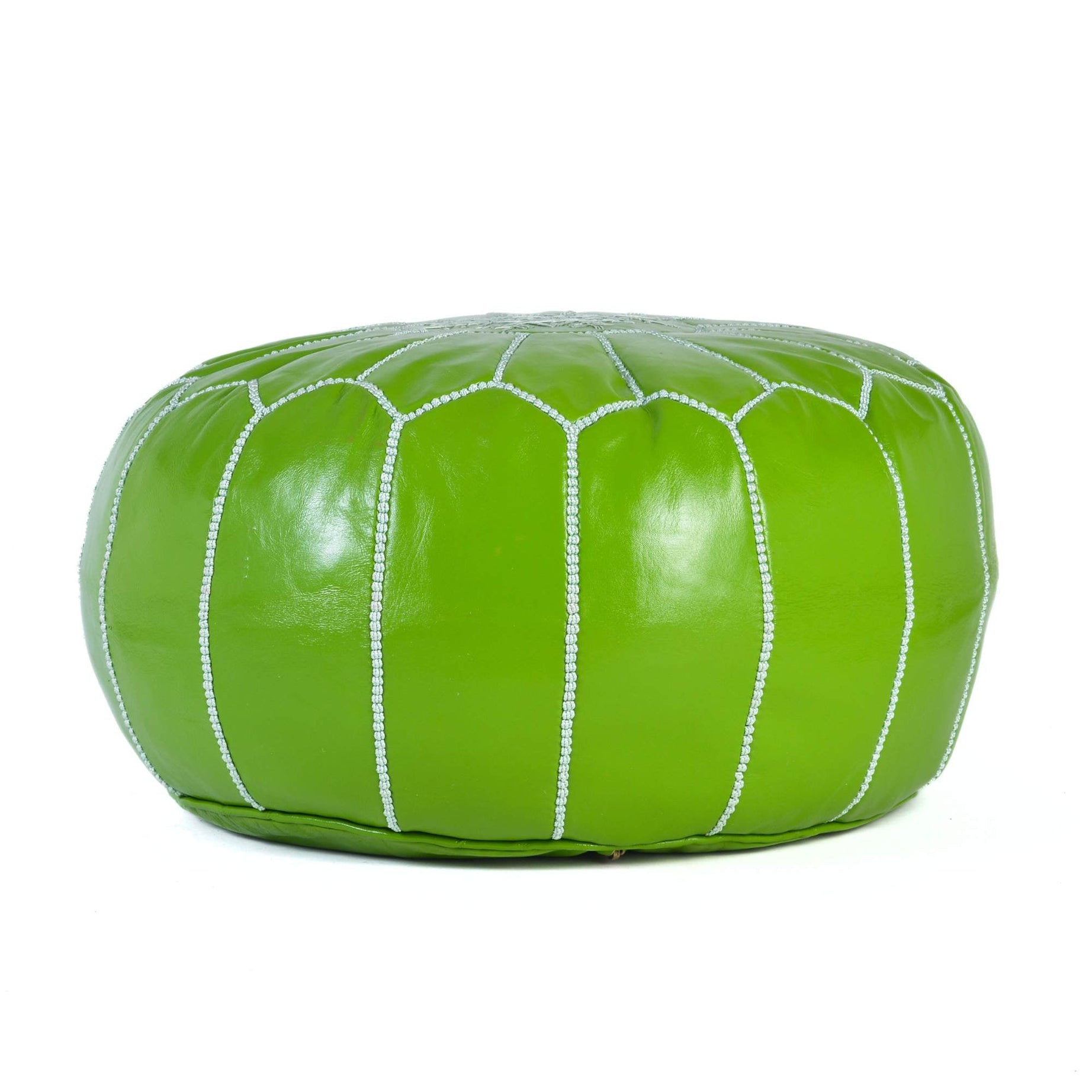 Light Green Hand-Stitched Genuine Leather Ottoman Pouf with Embroidery