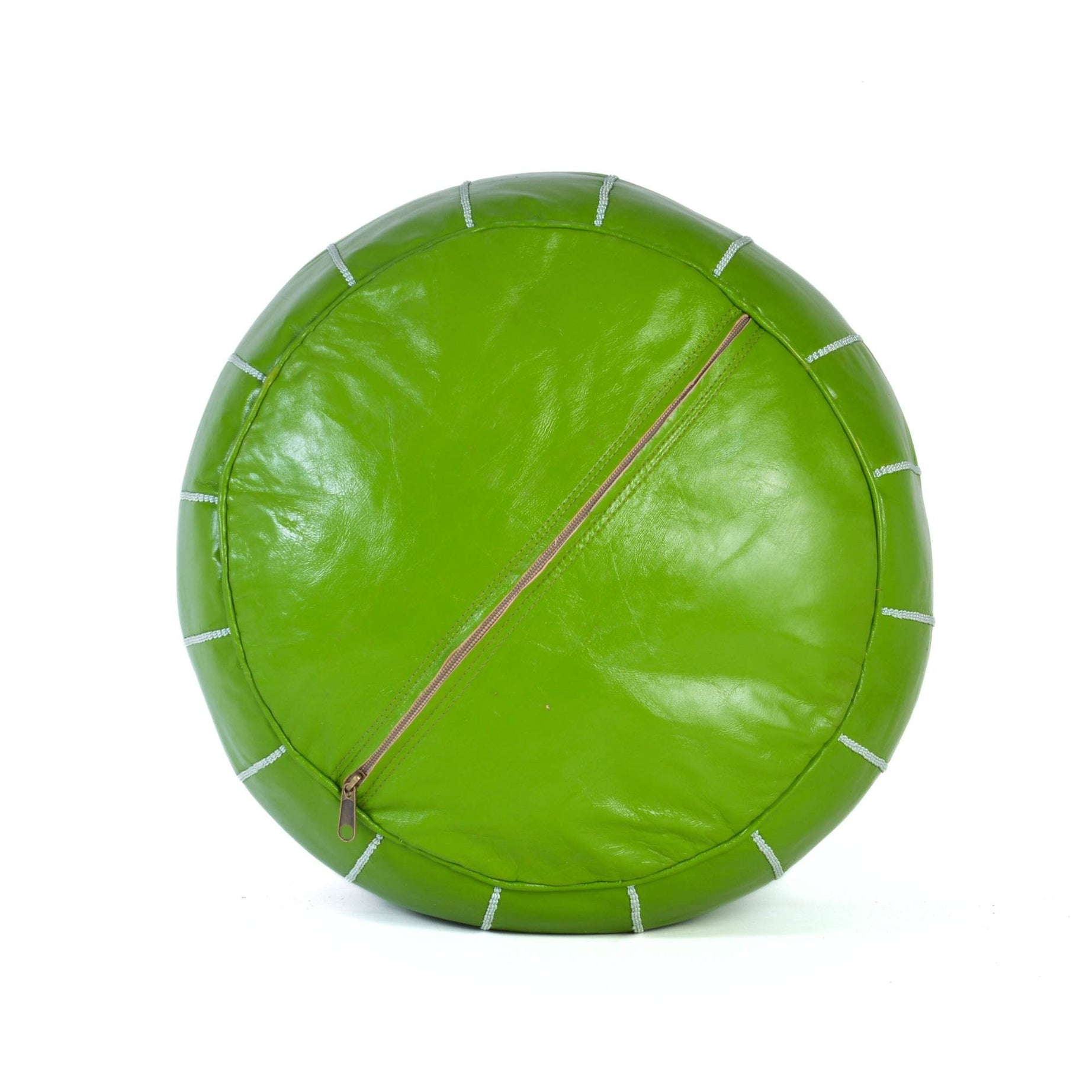 Light Green Hand-Stitched Genuine Leather Ottoman Pouf with Embroidery