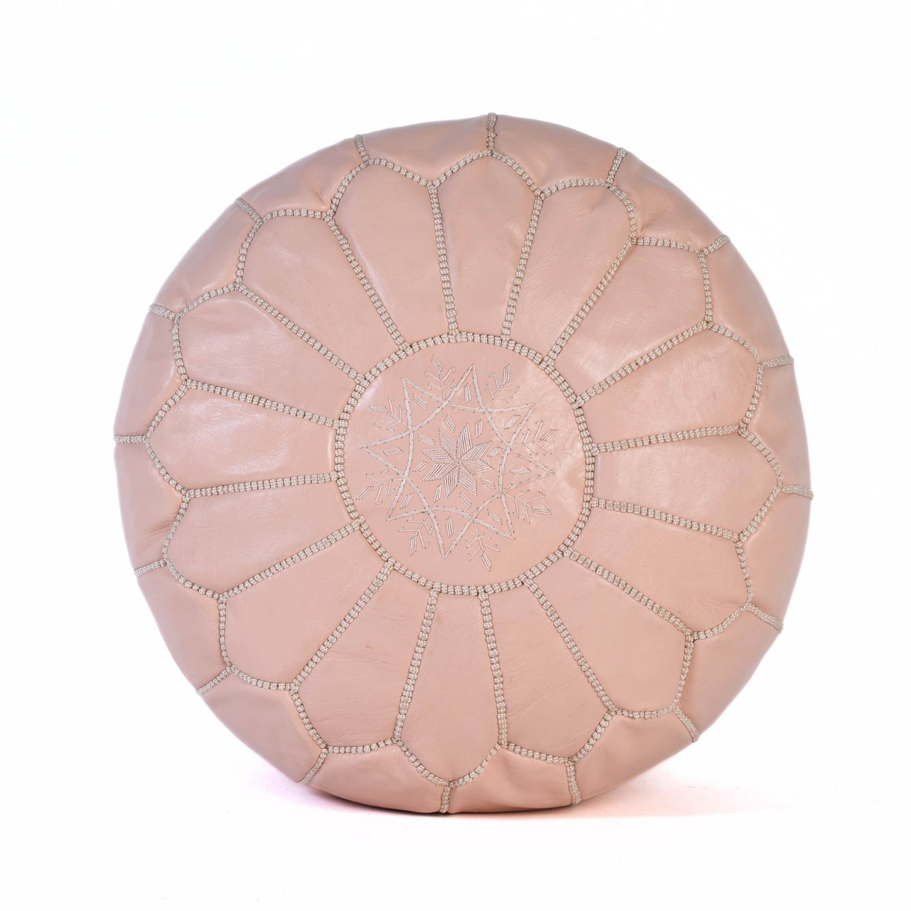 Light Pink Hand-Stitched Genuine Leather Ottoman Pouf with Embroidery