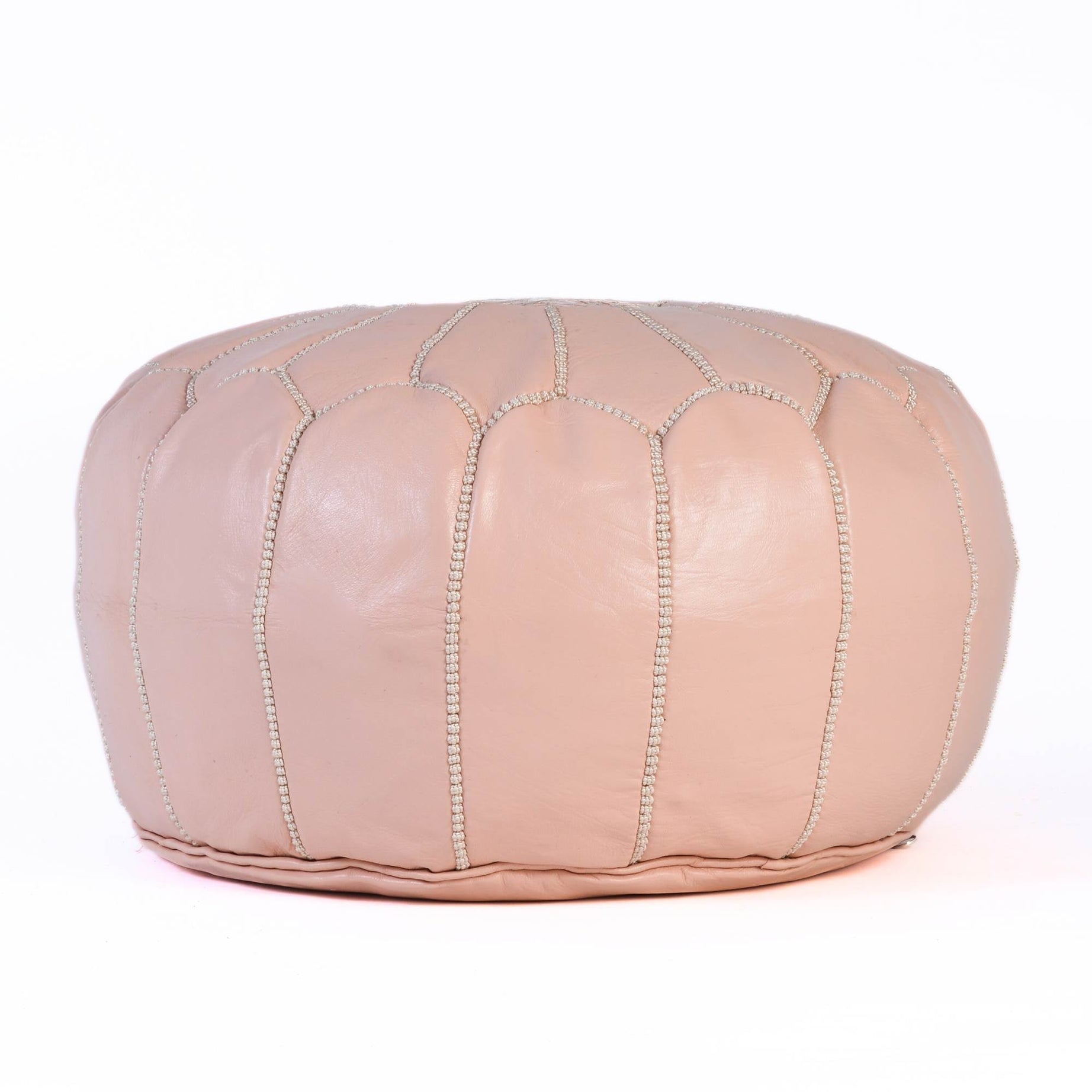 Light Pink Hand-Stitched Genuine Leather Ottoman Pouf with Embroidery